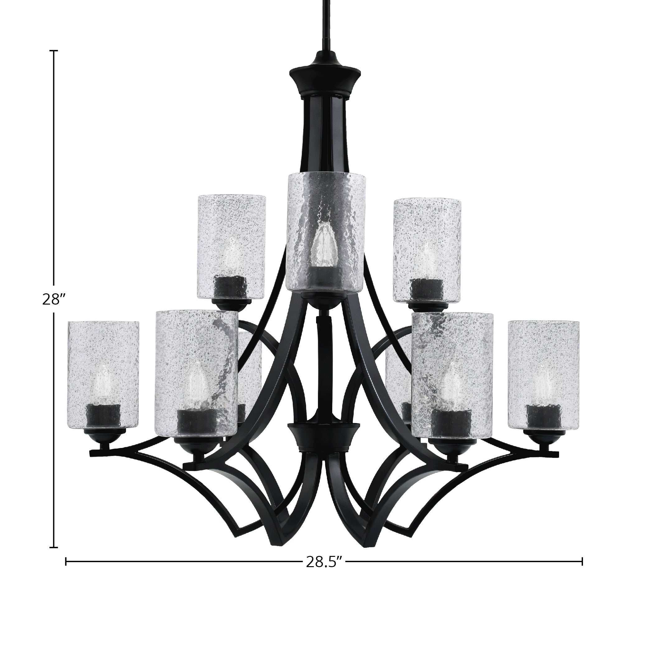 Zilo Nine Light Chandelier in Matte Black with 4" Smoke Bubble Shade