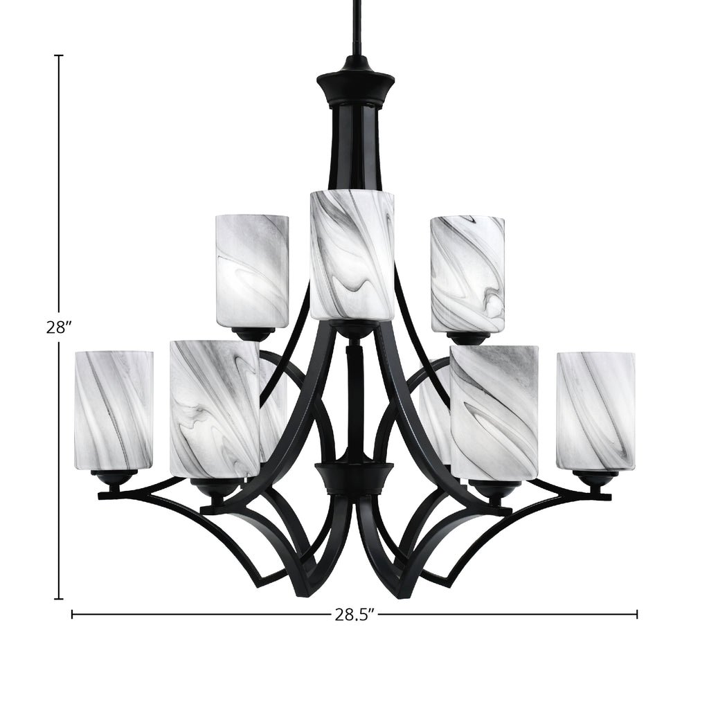 Zilo Nine Light Chandelier in Matte Black with 4" Onyx Swirl Shade