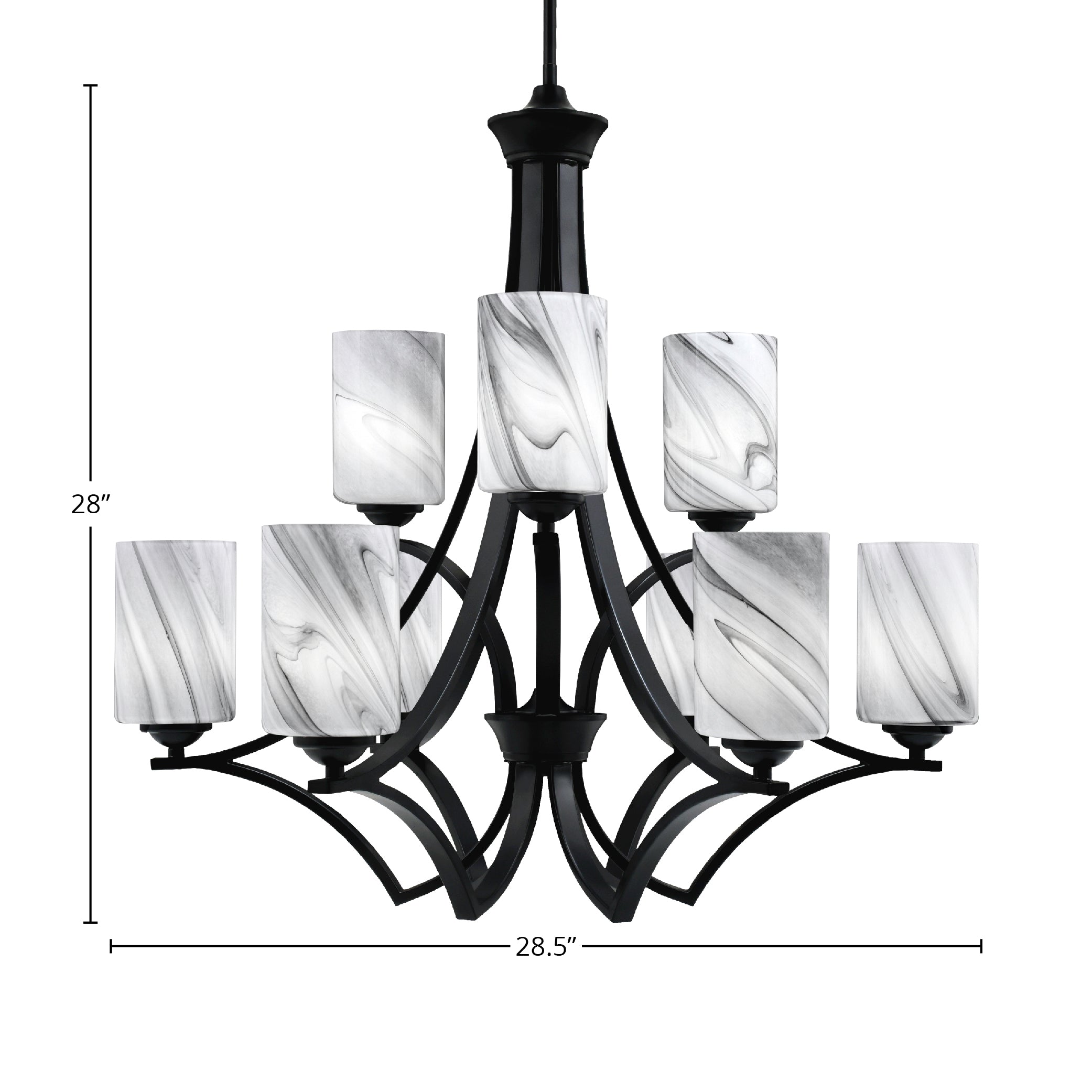 Zilo Nine Light Chandelier in Matte Black with 4" Onyx Swirl Shade
