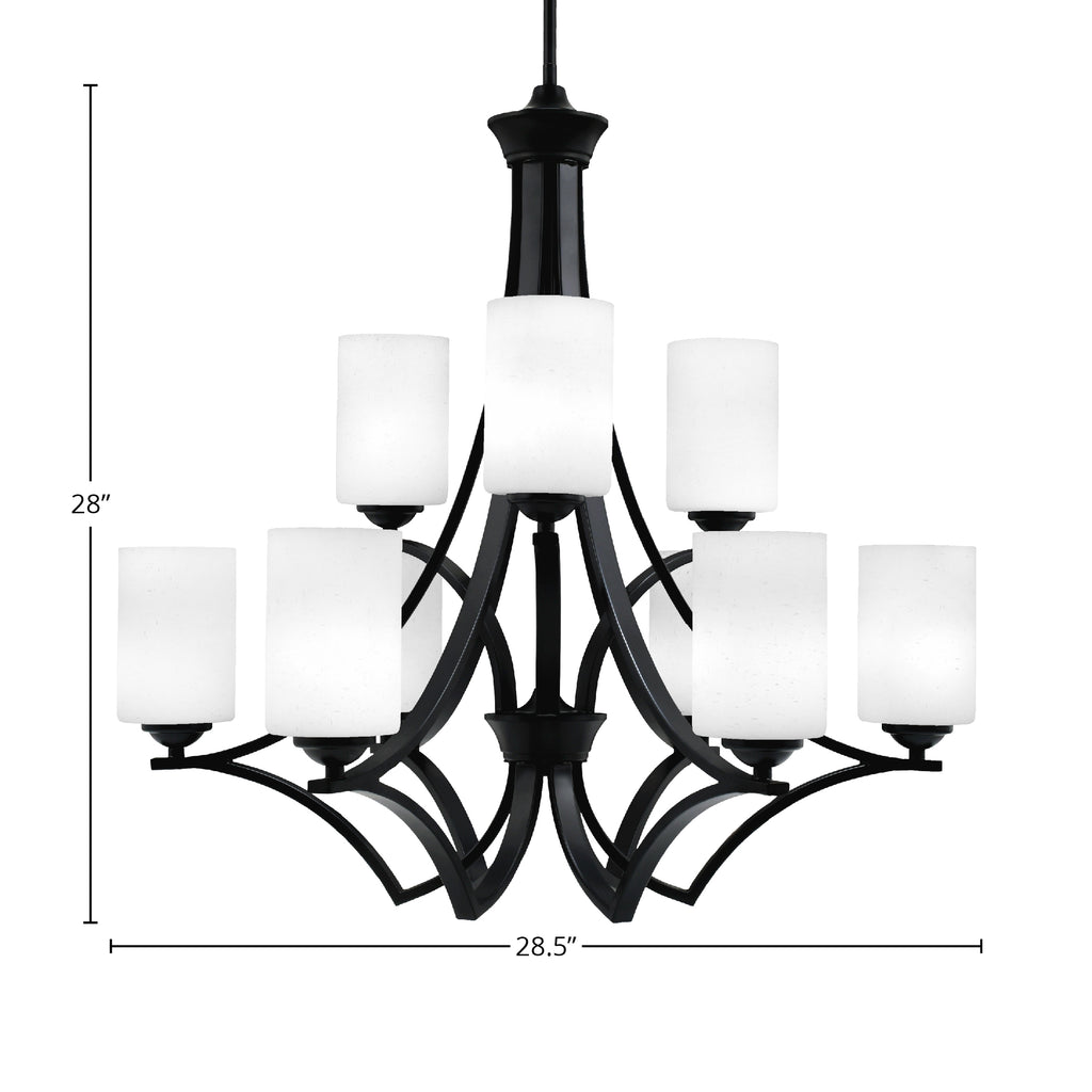 Zilo Nine Light Chandelier in Matte Black with 4" White Muslin Shade