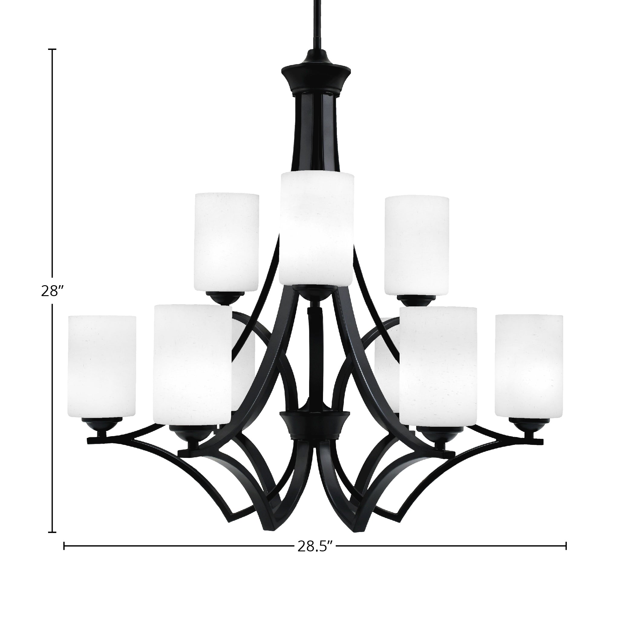 Zilo Nine Light Chandelier in Matte Black with 4" White Muslin Shade