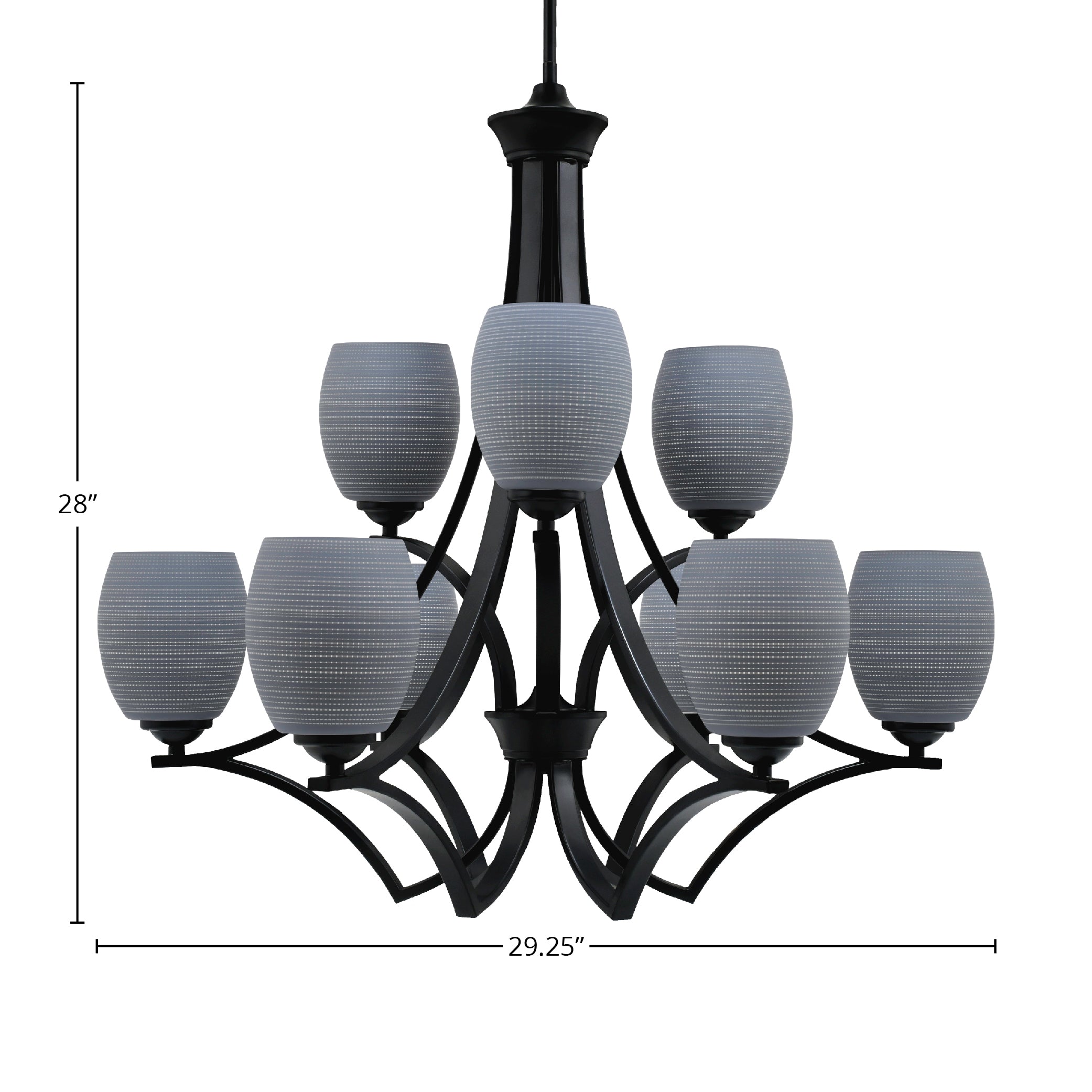 Zilo Nine Light Chandelier in Matte Black with 5" Gray Matrix Shade