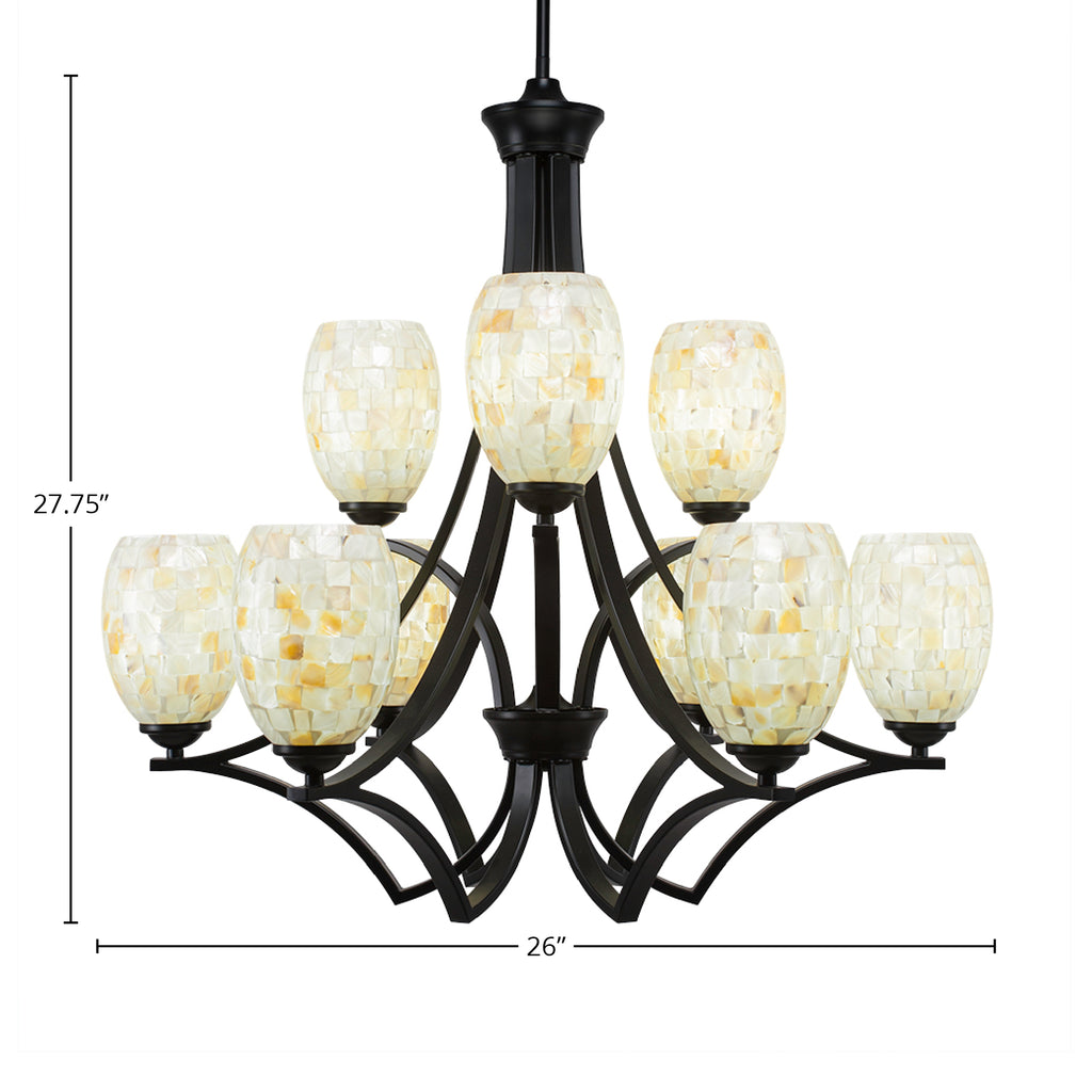 Zilo Nine Light Chandelier in Matte Black with 5" Ivory Glaze Seashell Shade