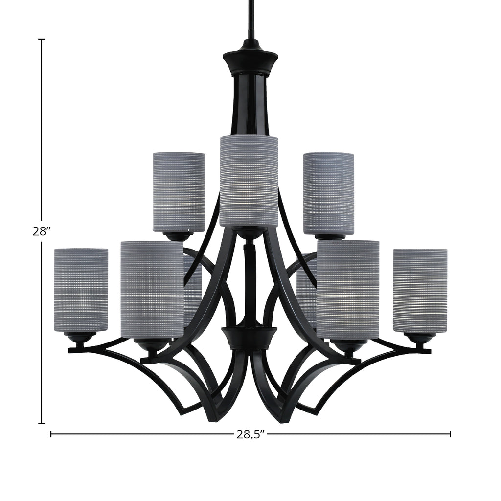 Zilo Nine Light Chandelier in Matte Black with 4" Gray Matrix Shade