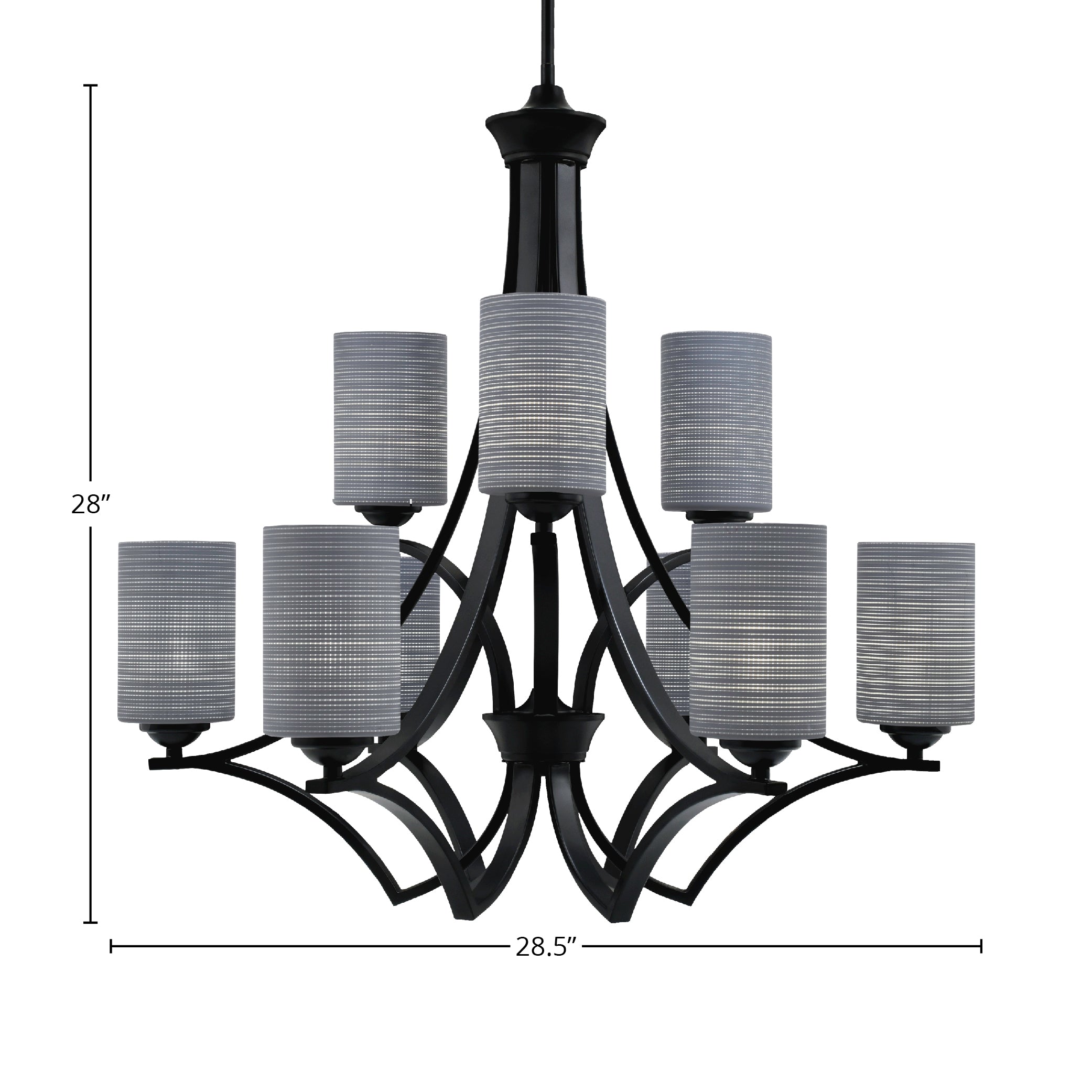 Zilo Nine Light Chandelier in Matte Black with 4" Gray Matrix Shade