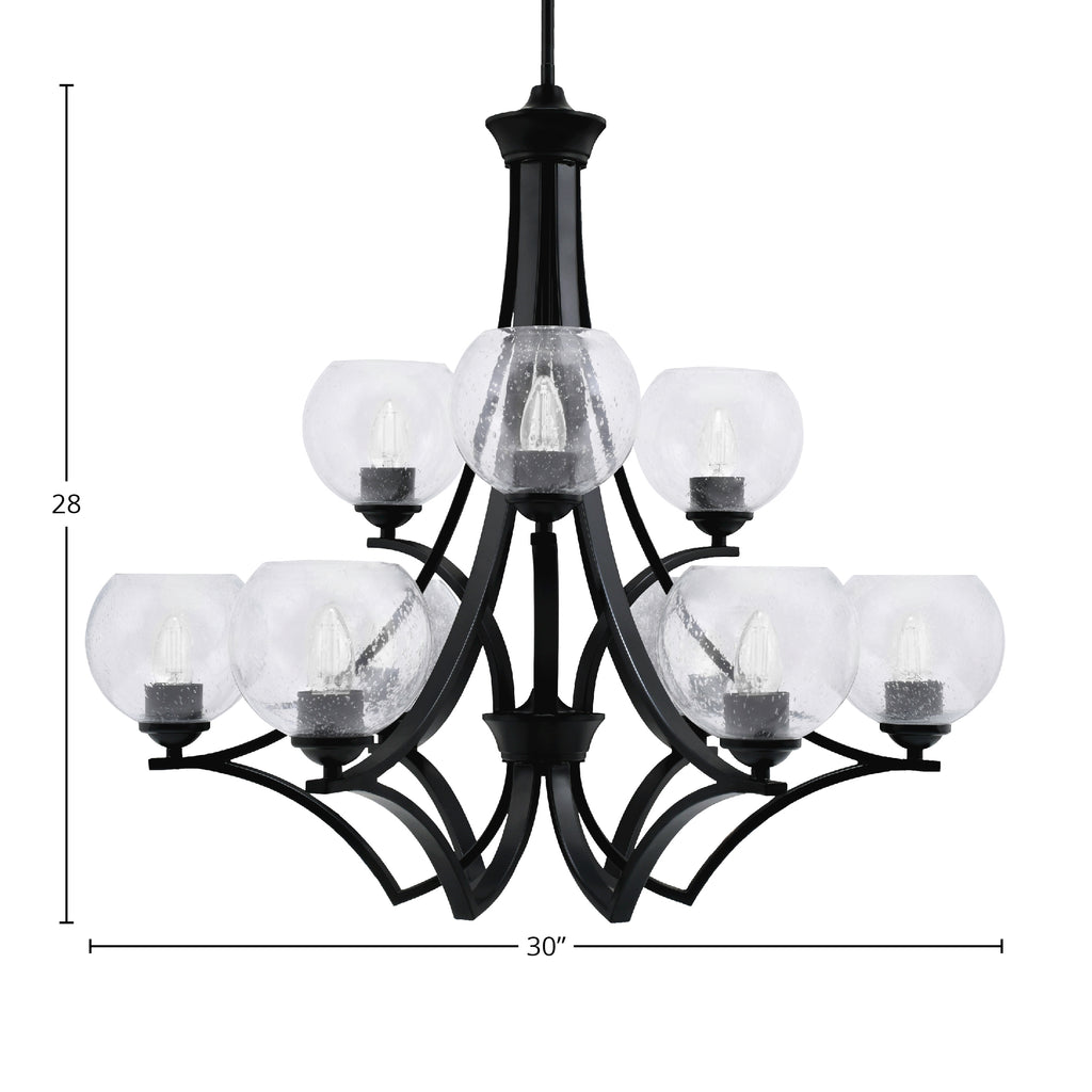 Zilo Nine Light Chandelier in Matte Black with 5.75" Clear Bubble Shade
