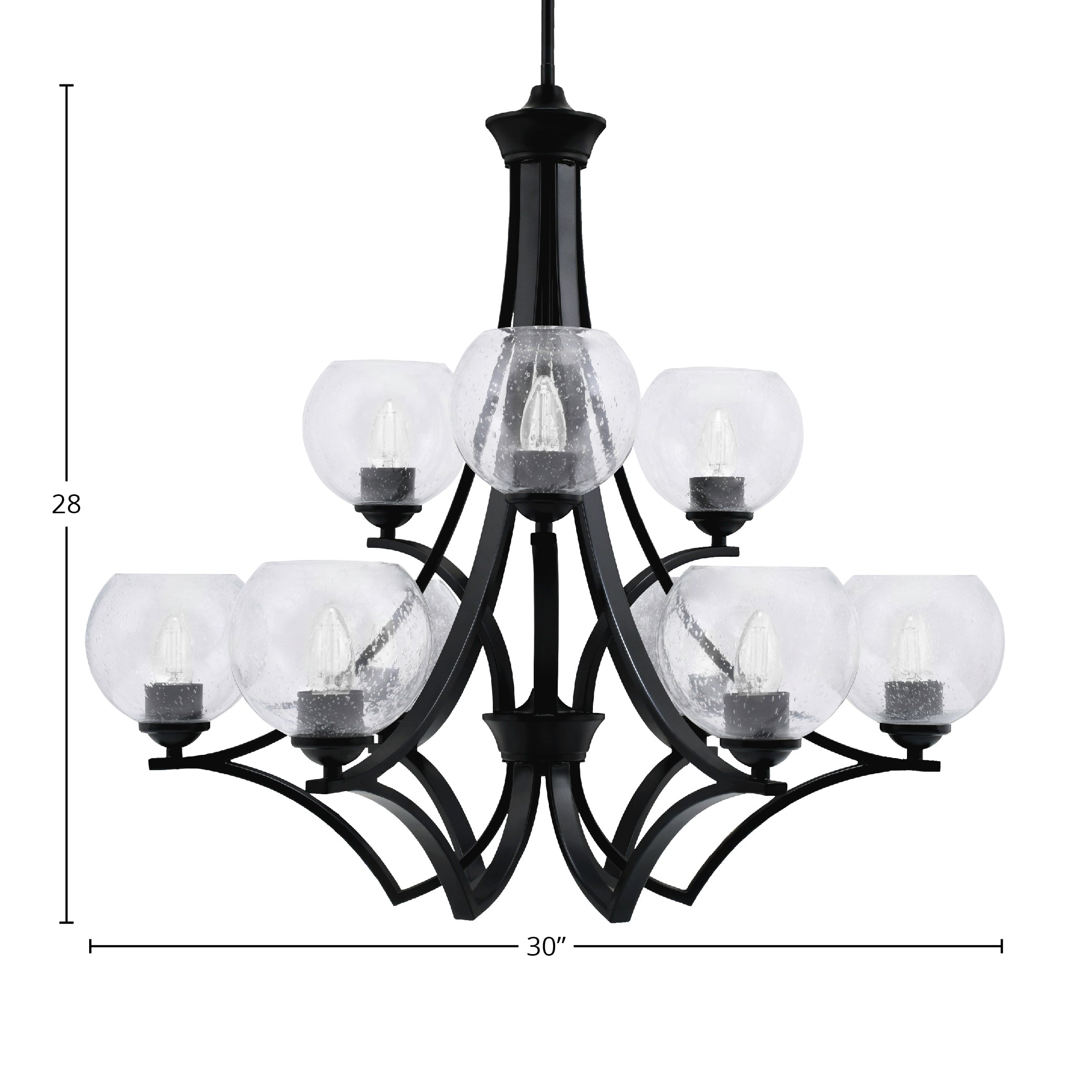 Zilo Nine Light Chandelier in Matte Black with 5.75" Clear Bubble Shade