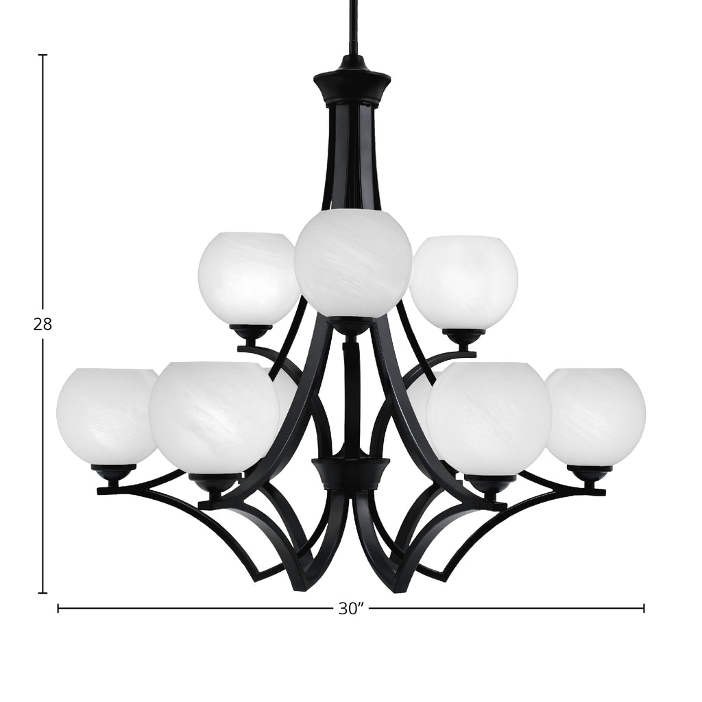 Zilo Nine Light Chandelier in Matte Black with 5.75" White Marble Shade