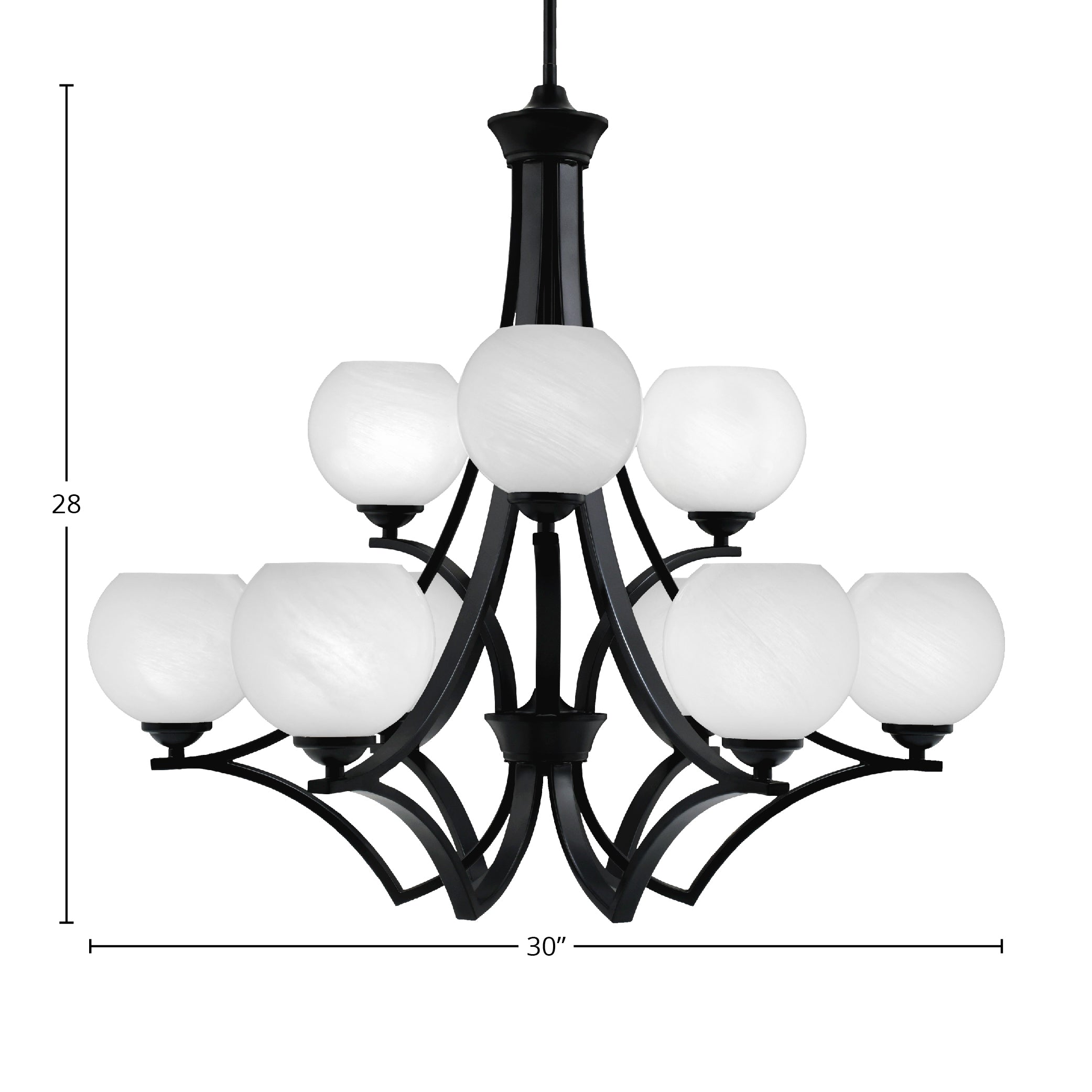Zilo Nine Light Chandelier in Matte Black with 5.75" White Marble Shade