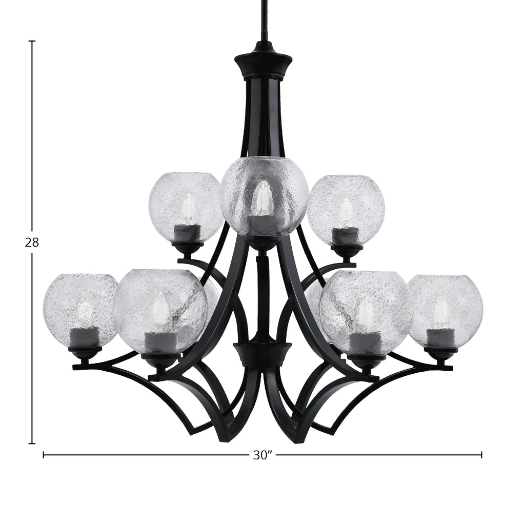 Zilo Nine Light Chandelier in Matte Black with 5.75" Smoke Bubble Shade