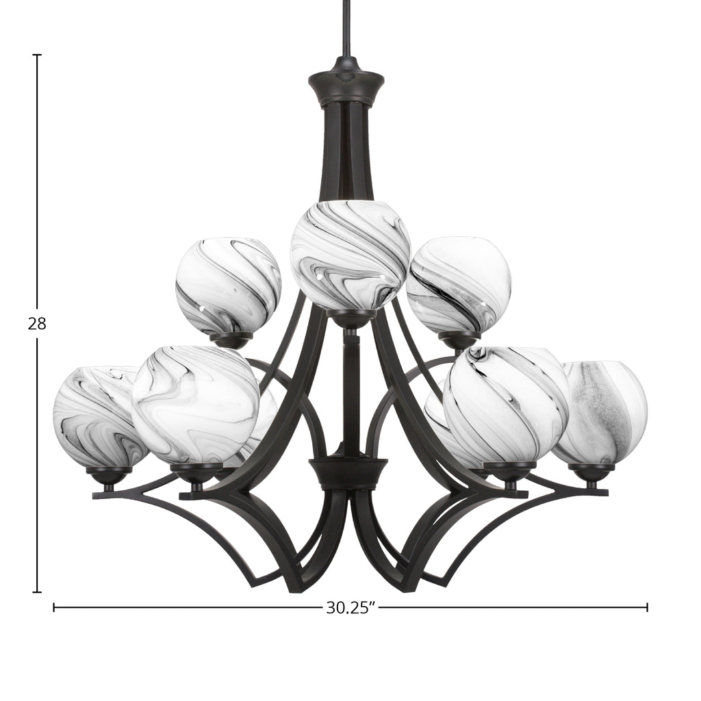 Zilo Nine Light Chandelier in Matte Black with 5.75" Onyx Swirl Shade