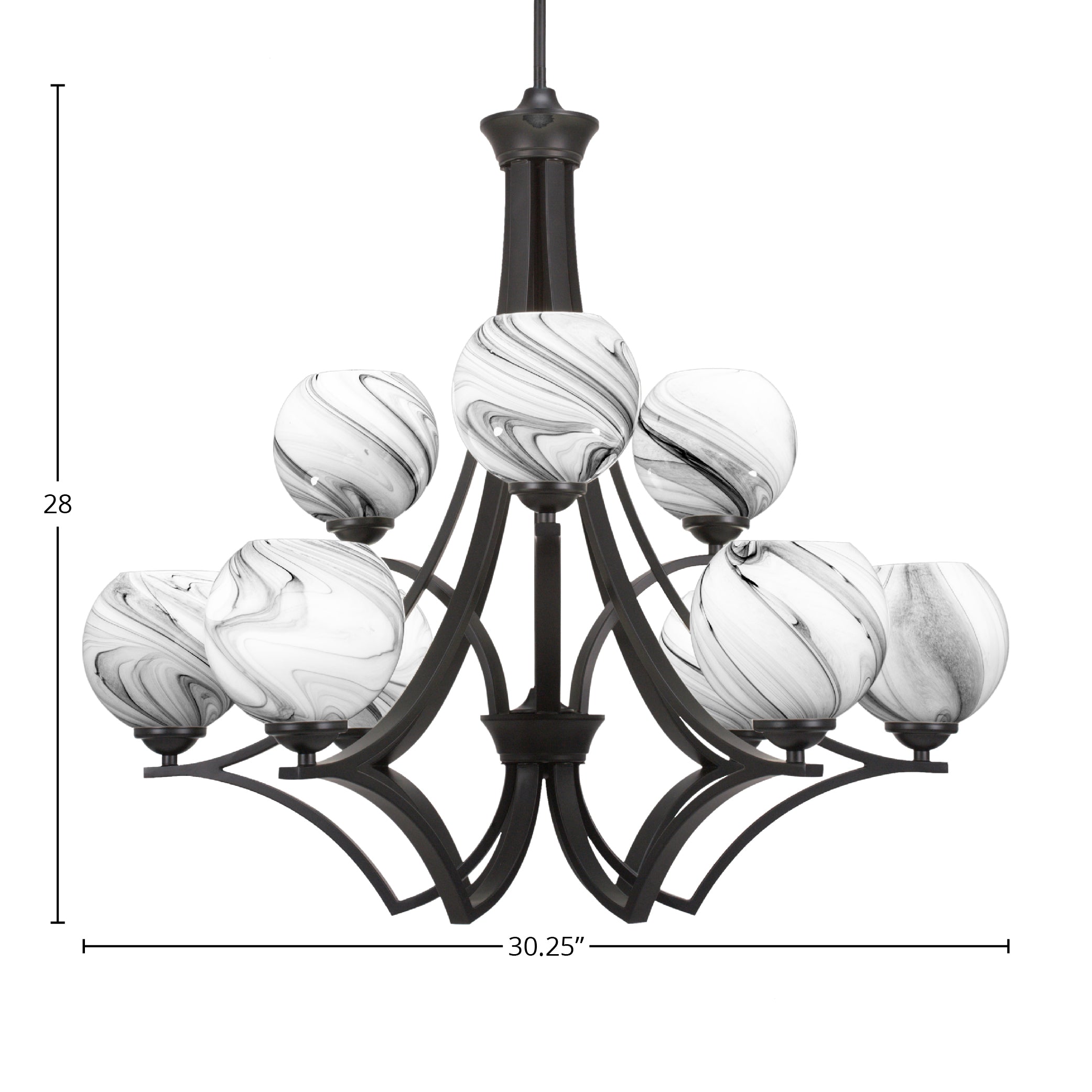 Zilo Nine Light Chandelier in Matte Black with 5.75" Onyx Swirl Shade