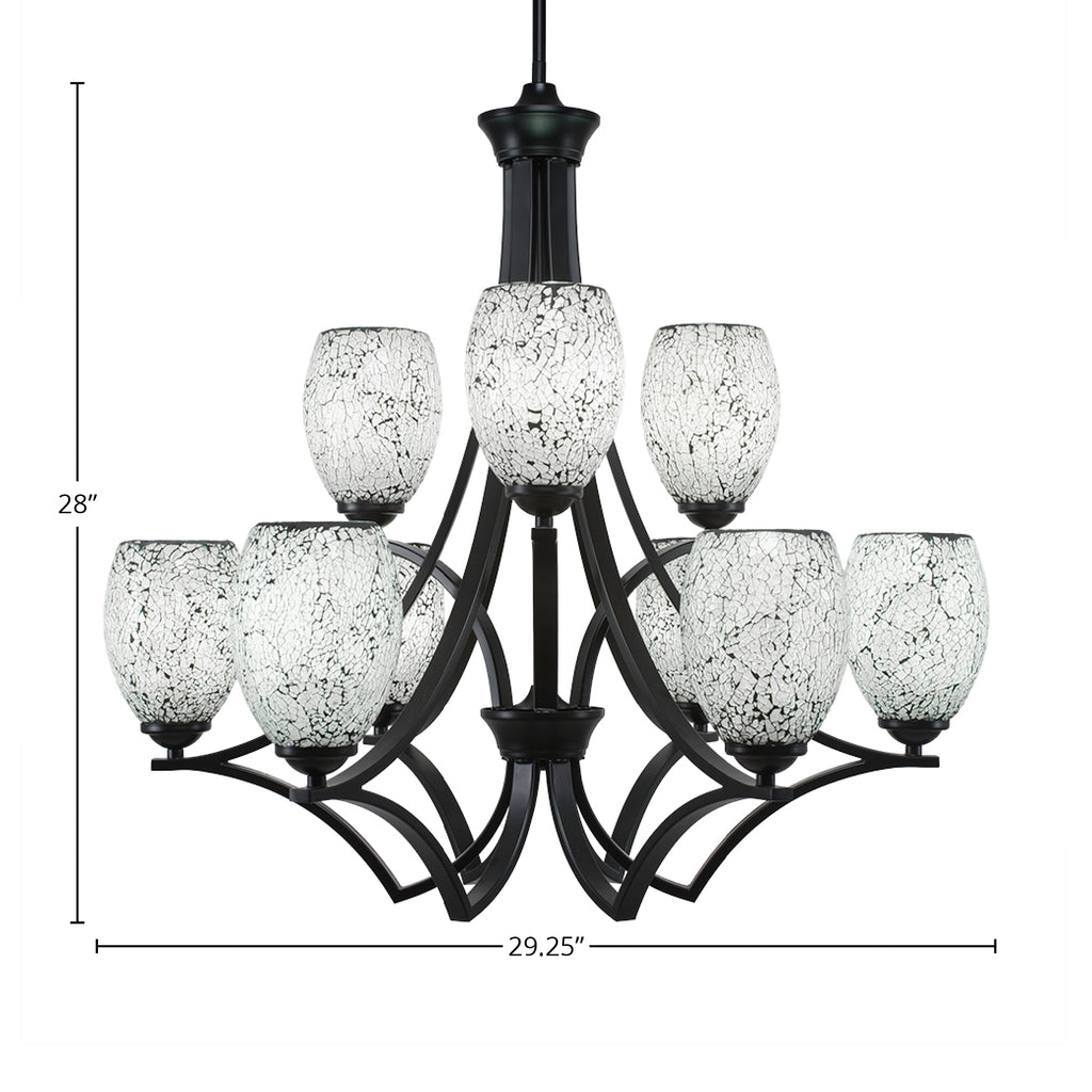 Zilo Nine Light Chandelier in Matte Black with 5" Black Fusion Shade