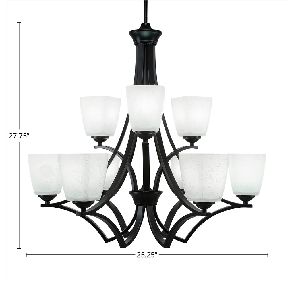 Zilo Nine Light Chandelier in Matte Black with 4.5" Square White Muslin Shade