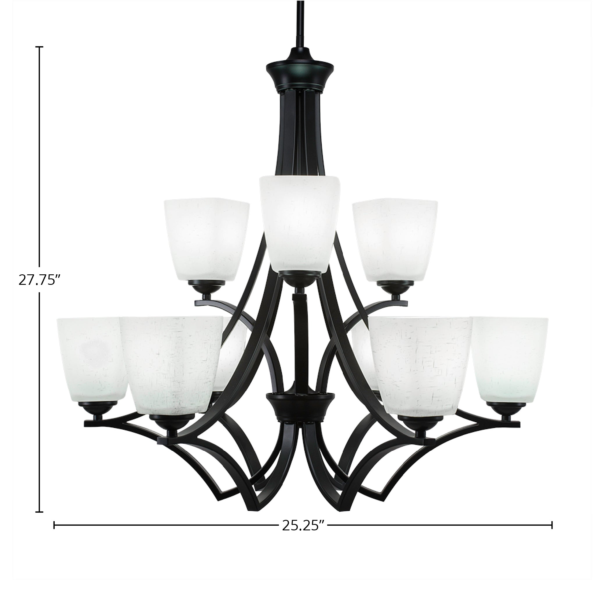Zilo Nine Light Chandelier in Matte Black with 4.5" Square White Muslin Shade
