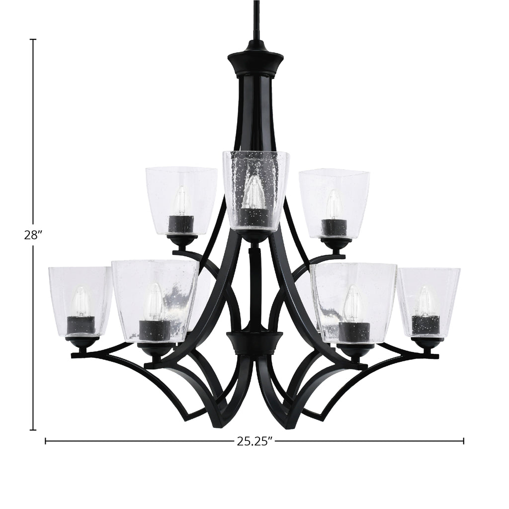 Zilo Nine Light Chandelier in Matte Black with 4.5" Square Clear Bubble Shade