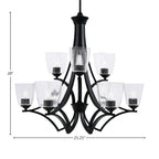 Zilo Nine Light Chandelier in Matte Black with 4.5" Square Clear Bubble Shade