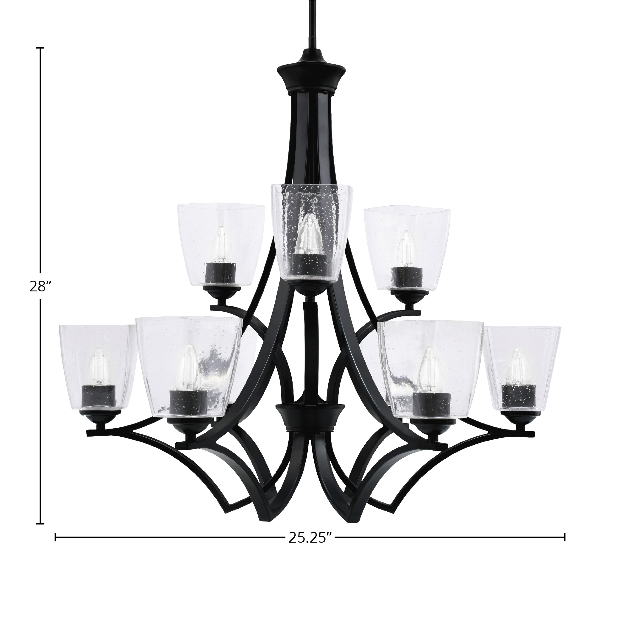 Zilo Nine Light Chandelier in Matte Black with 4.5" Square Clear Bubble Shade