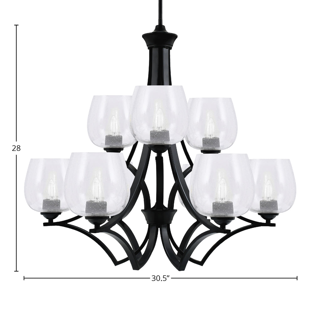 Zilo Nine Light Chandelier in Matte Black with 6" Clear Bubble Shade