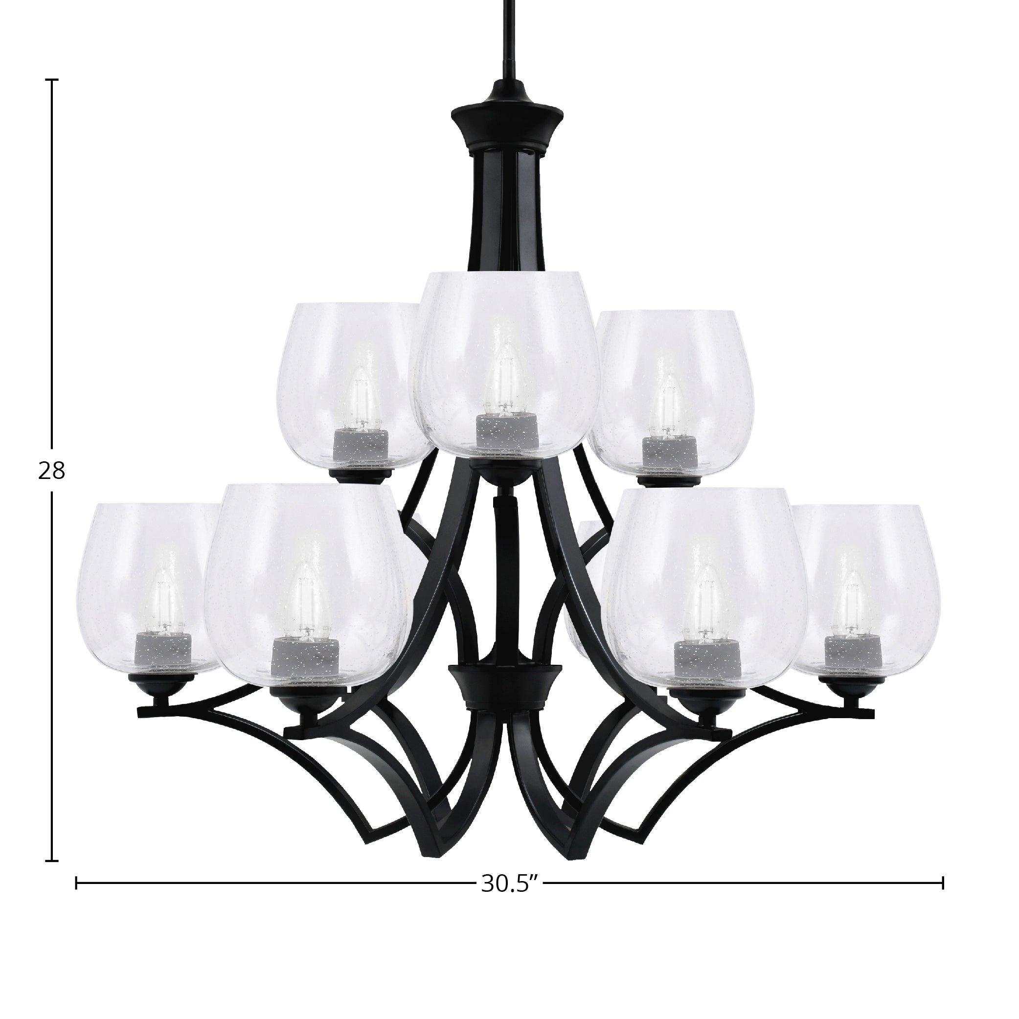 Zilo Nine Light Chandelier in Matte Black with 6" Clear Bubble Shade