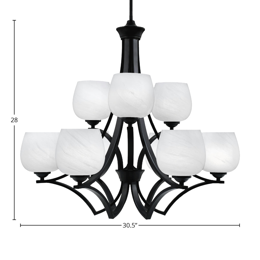 Zilo Nine Light Chandelier in Matte Black with 6" White Marble Shade