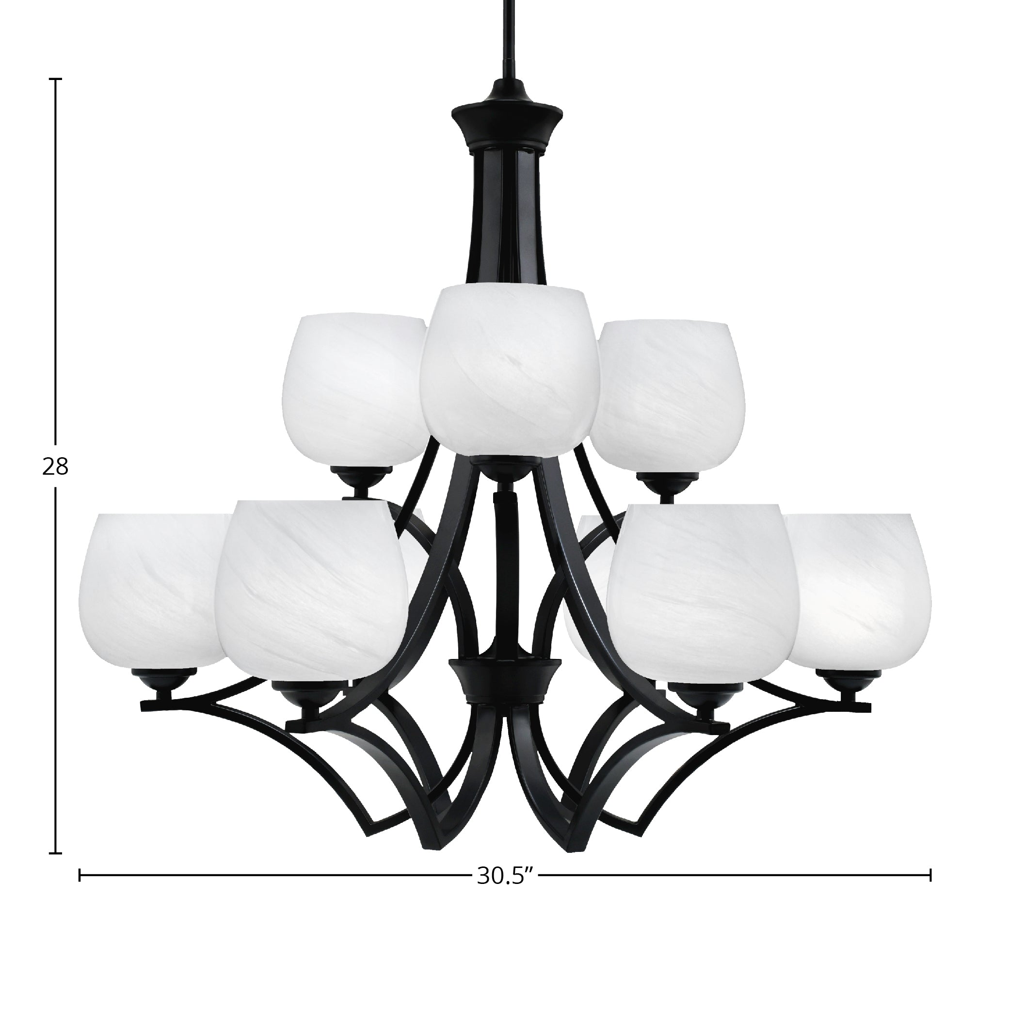 Zilo Nine Light Chandelier in Matte Black with 6" White Marble Shade
