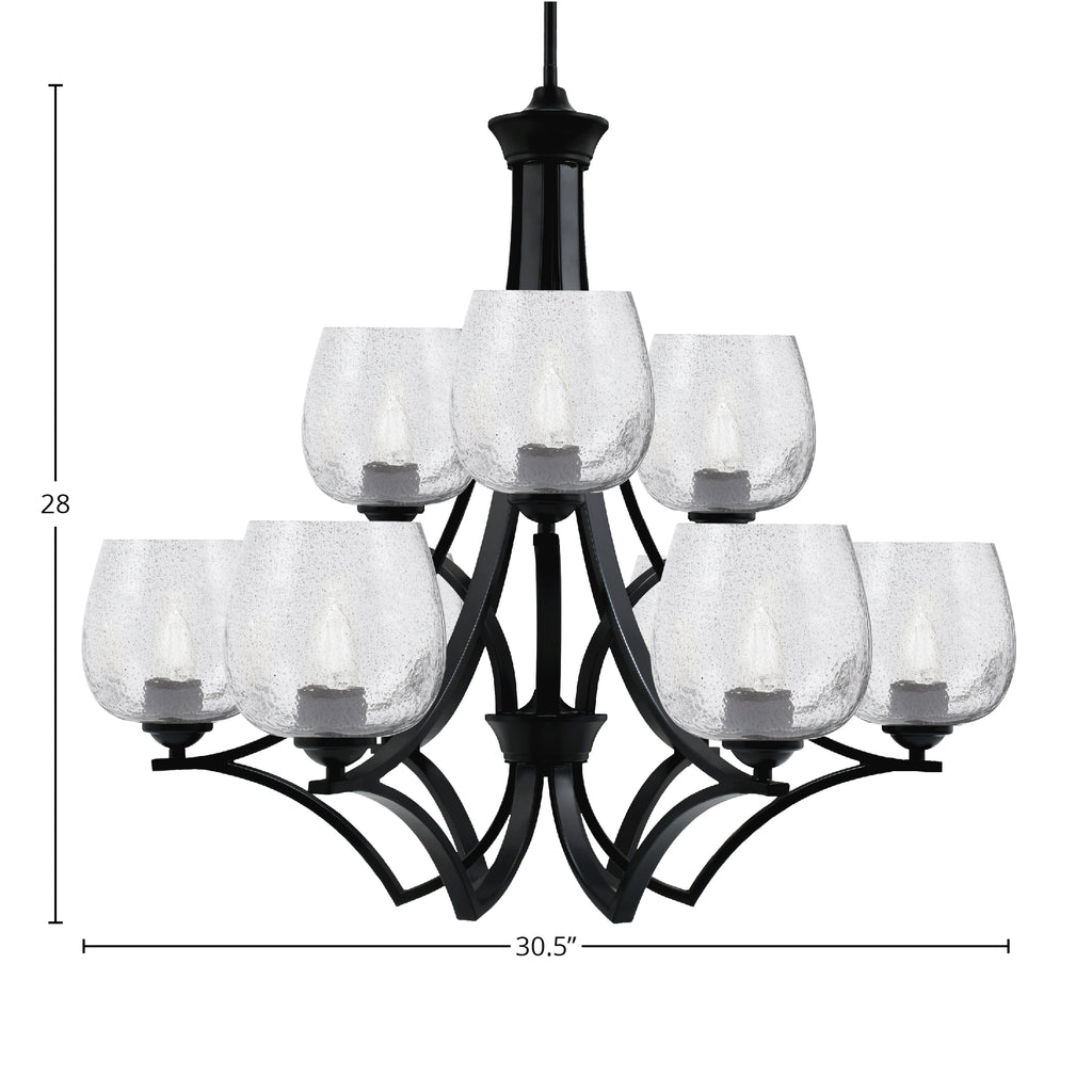 Zilo Nine Light Chandelier in Matte Black with 6" Smoke Bubble Shade