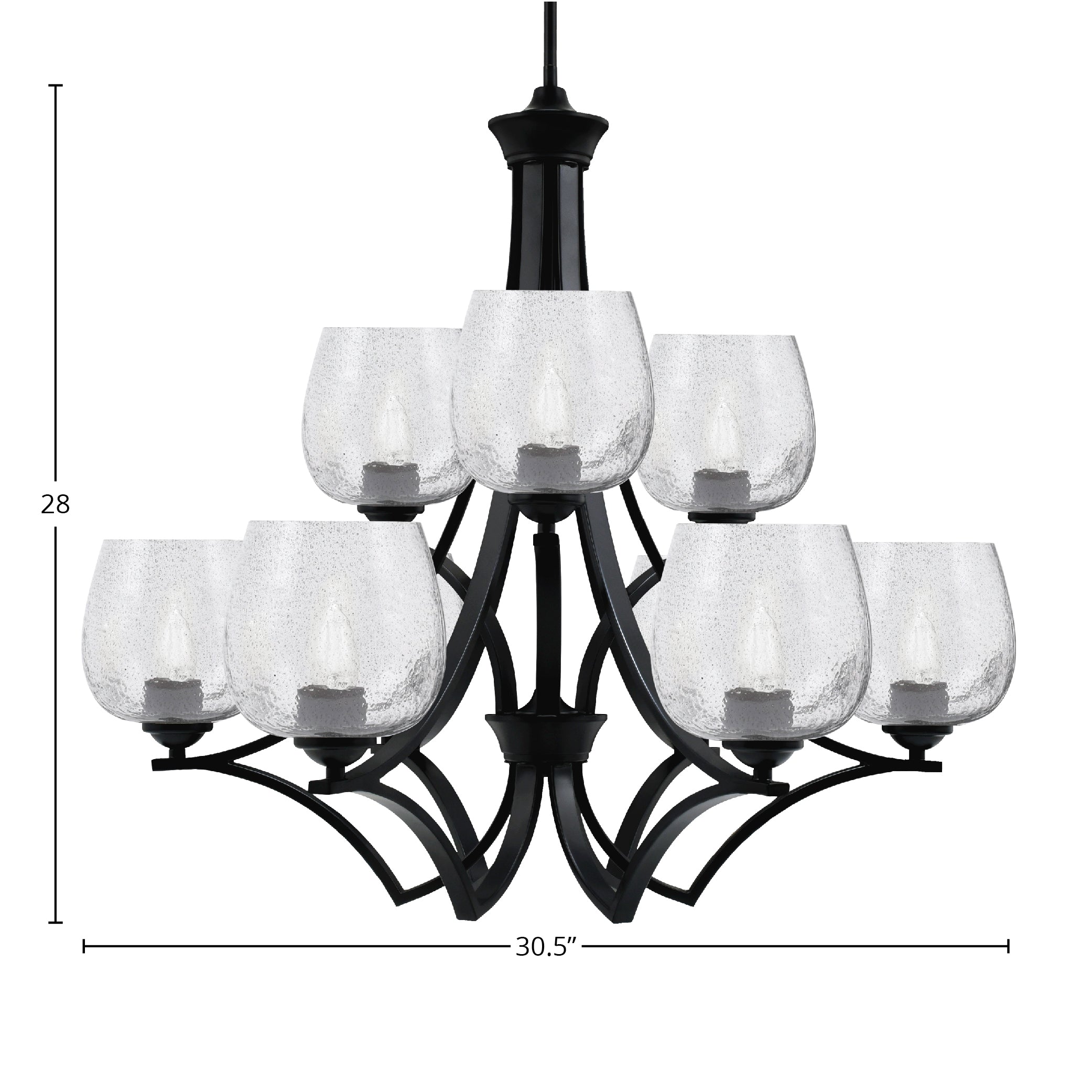 Zilo Nine Light Chandelier in Matte Black with 6" Smoke Bubble Shade