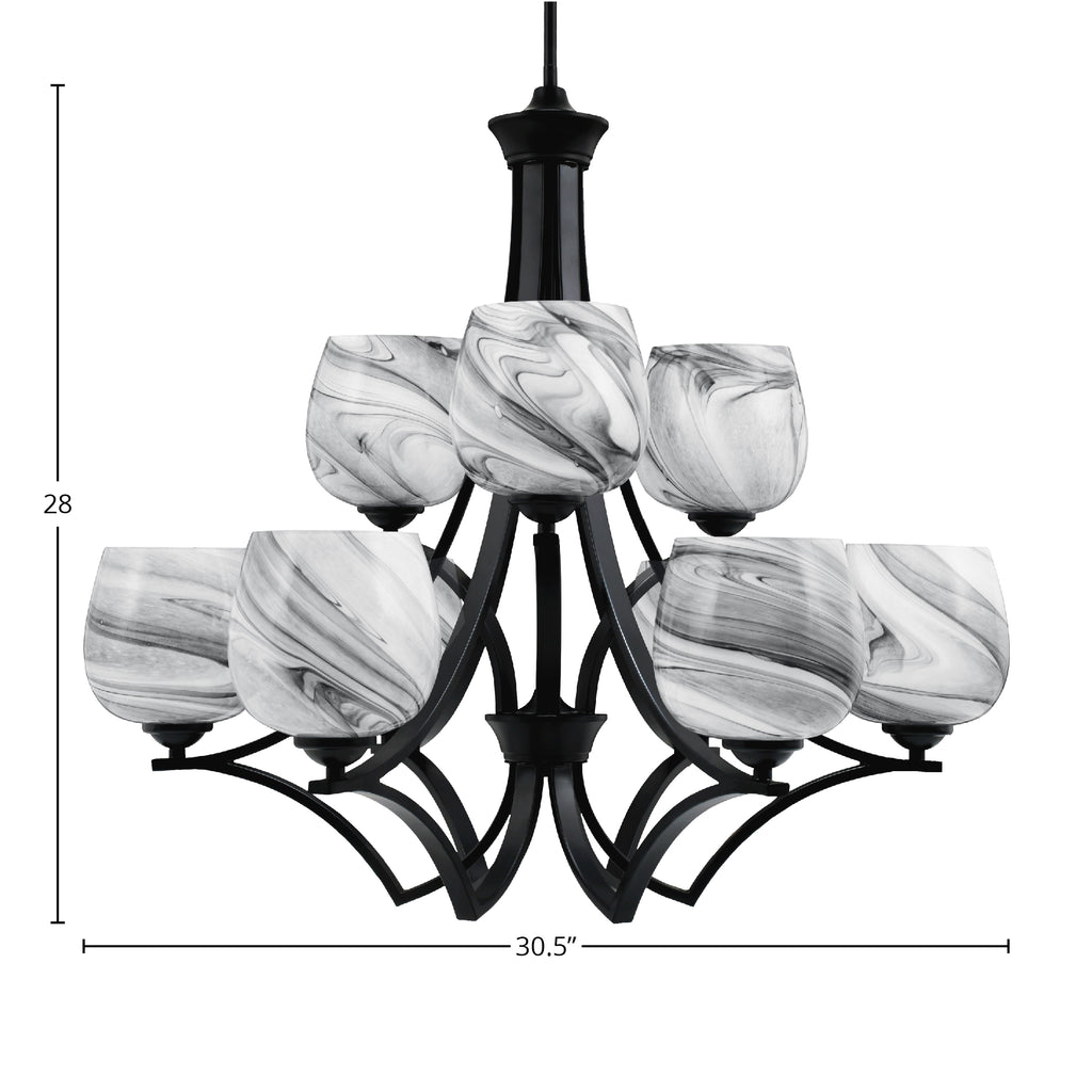 Zilo Nine Light Chandelier in Matte Black with 6" Onyx Swirl Shade