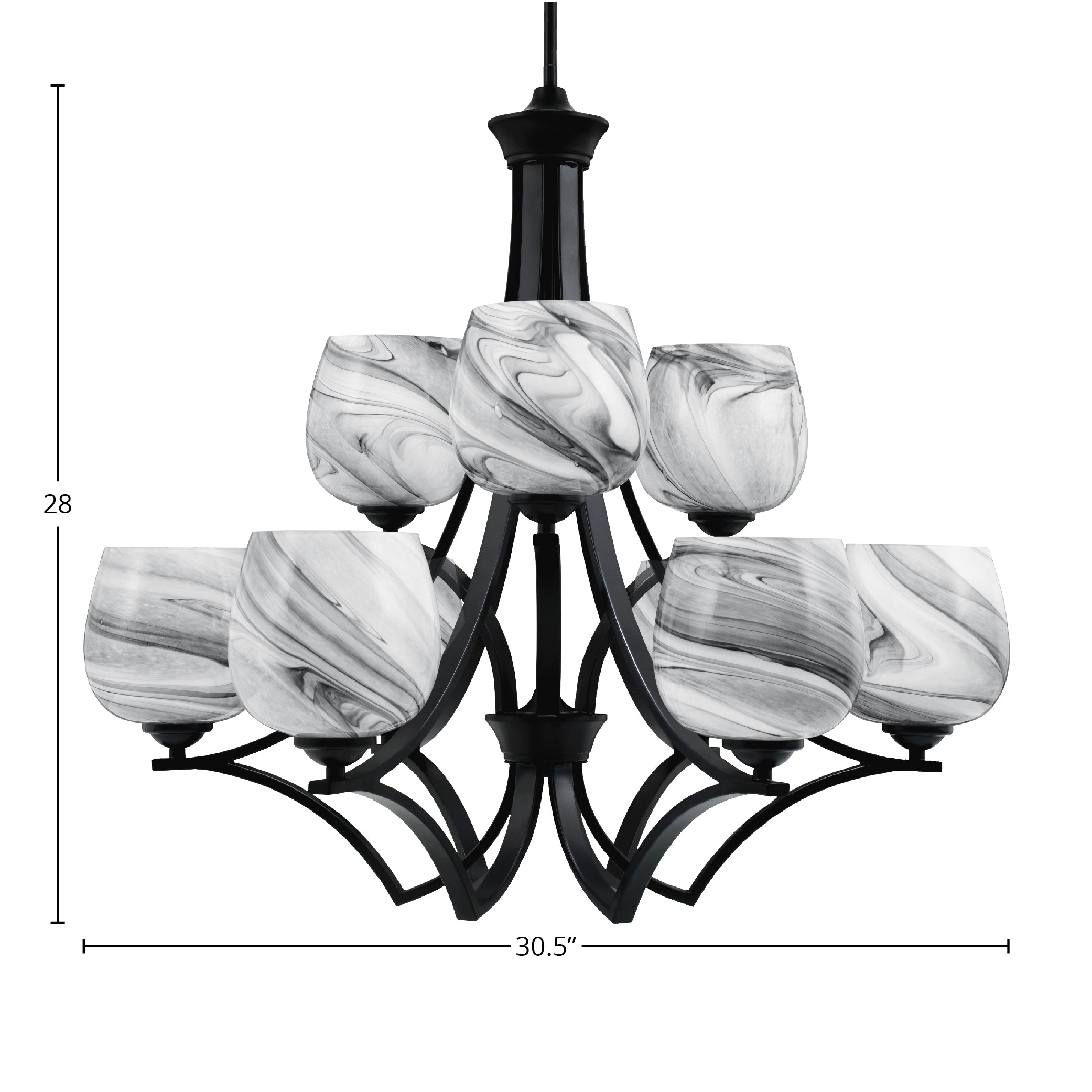 Zilo Nine Light Chandelier in Matte Black with 6" Onyx Swirl Shade