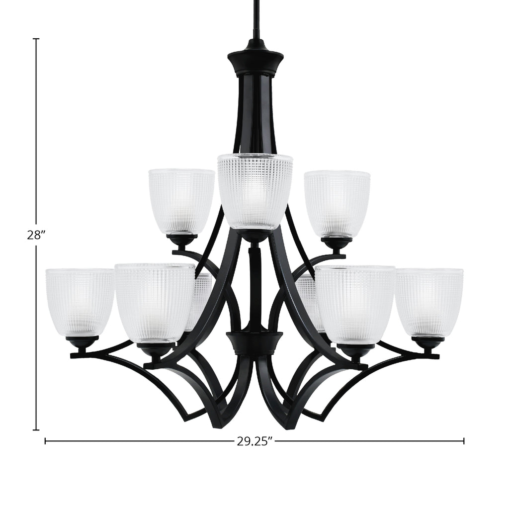 Zilo Nine Light Chandelier in Matte Black with 5" Clear Ribbed Shade