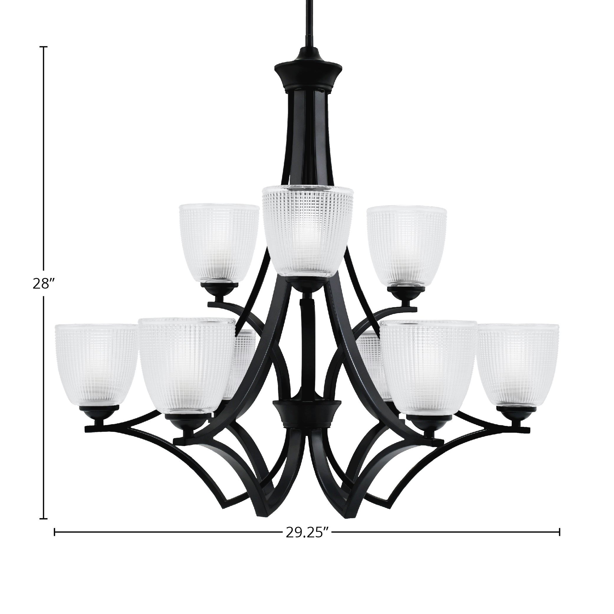 Zilo Nine Light Chandelier in Matte Black with 5" Clear Ribbed Shade