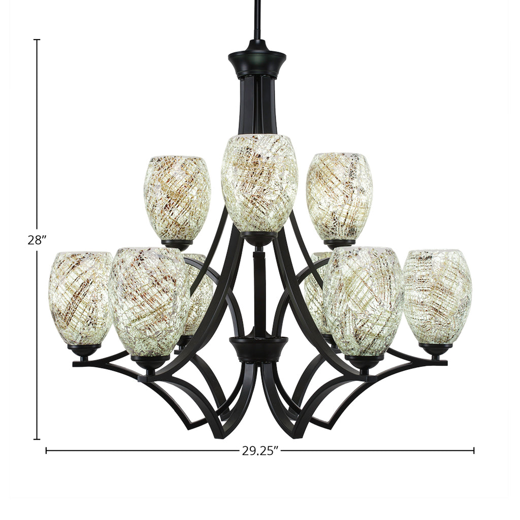 Zilo Nine Light Chandelier in Matte Black with 5" Natural Fusion Shade