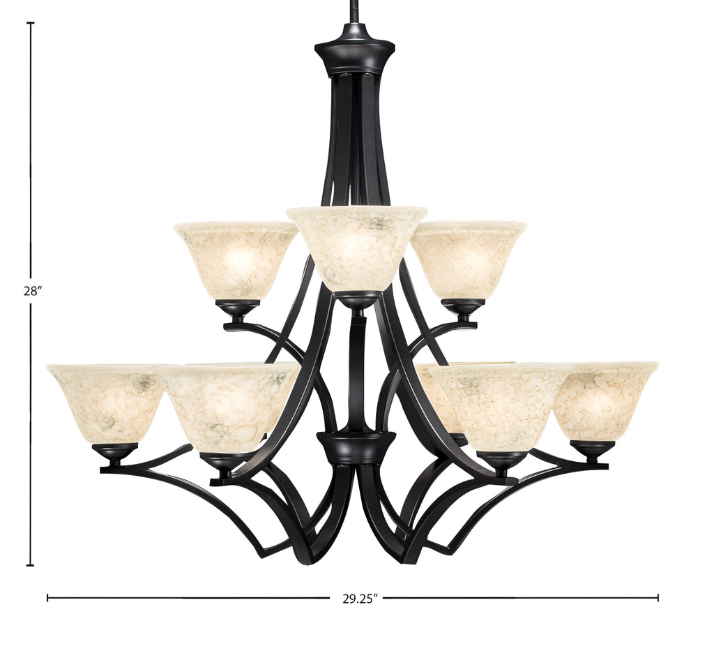 Zilo Nine Light Chandelier in Matte Black with 7" Italian Marble Shade