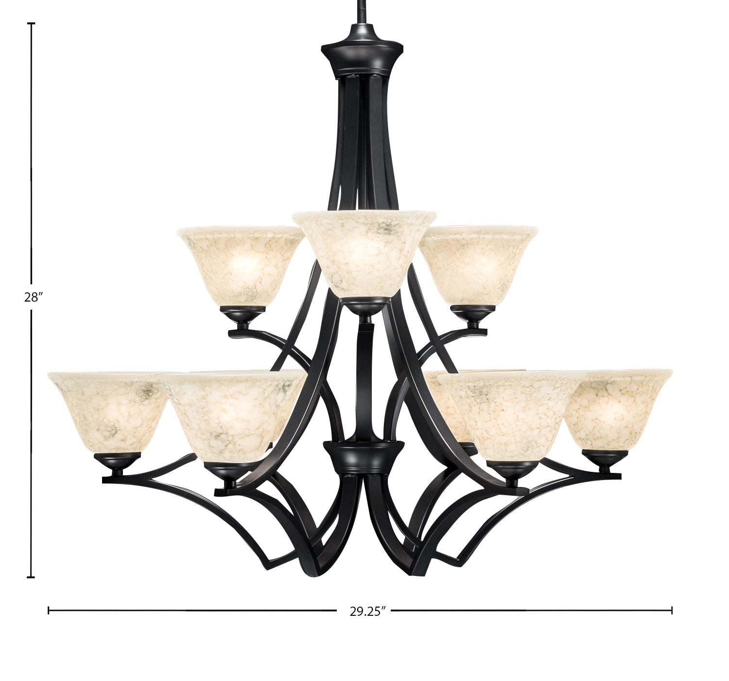 Zilo Nine Light Chandelier in Matte Black with 7" Italian Marble Shade