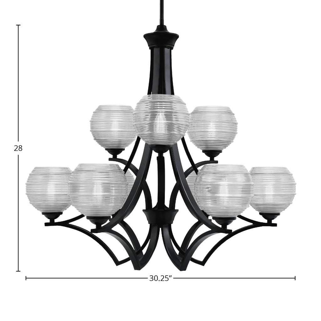 Zilo Nine Light Chandelier in Matte Black with 6" Clear Ribbed Shade