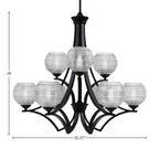 Zilo Nine Light Chandelier in Matte Black with 6" Clear Ribbed Shade