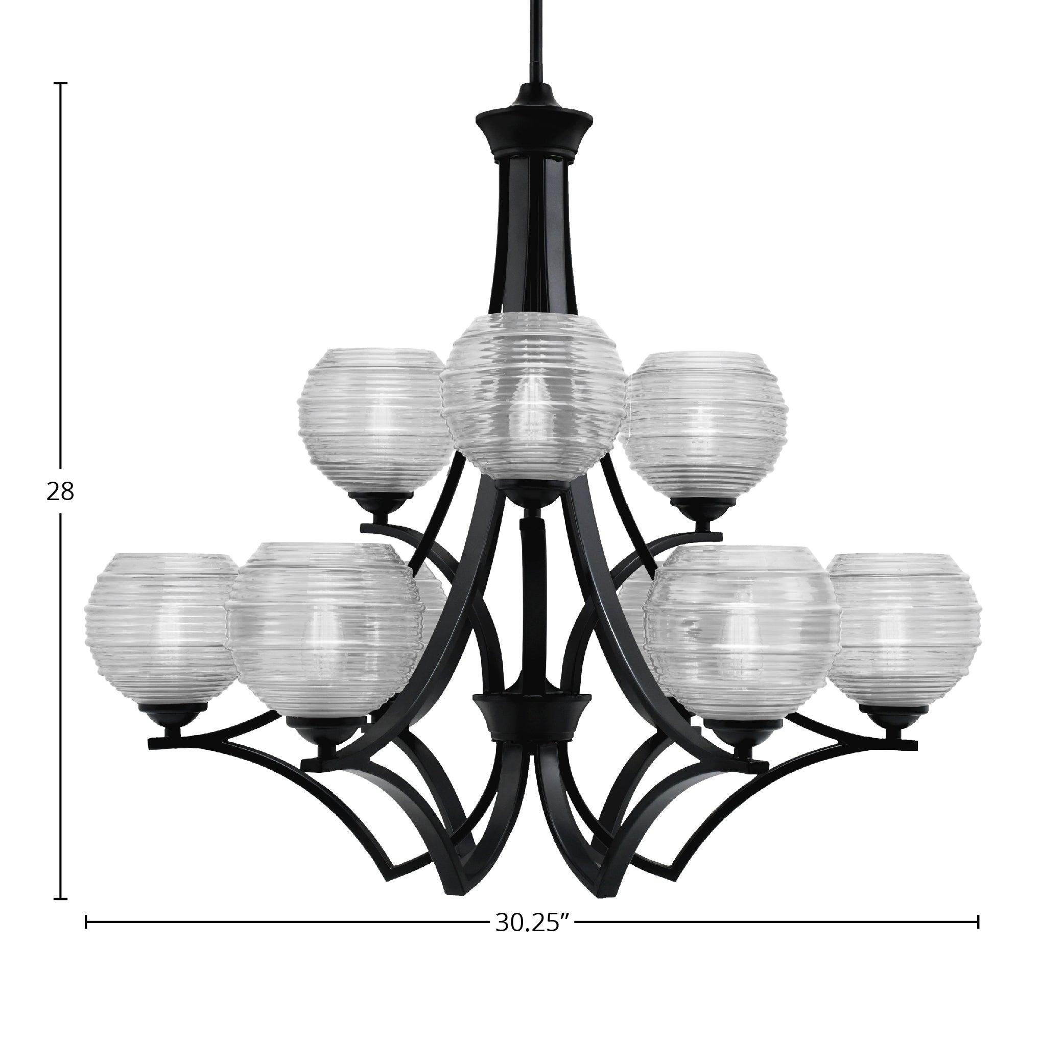 Zilo Nine Light Chandelier in Matte Black with 6" Clear Ribbed Shade