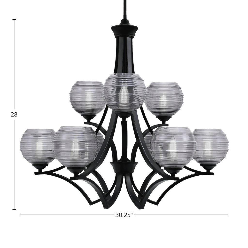 Zilo Nine Light Chandelier in Matte Black with 6" Smoke Ribbed Shade