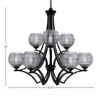 Zilo Nine Light Chandelier in Matte Black with 6" Smoke Ribbed Shade