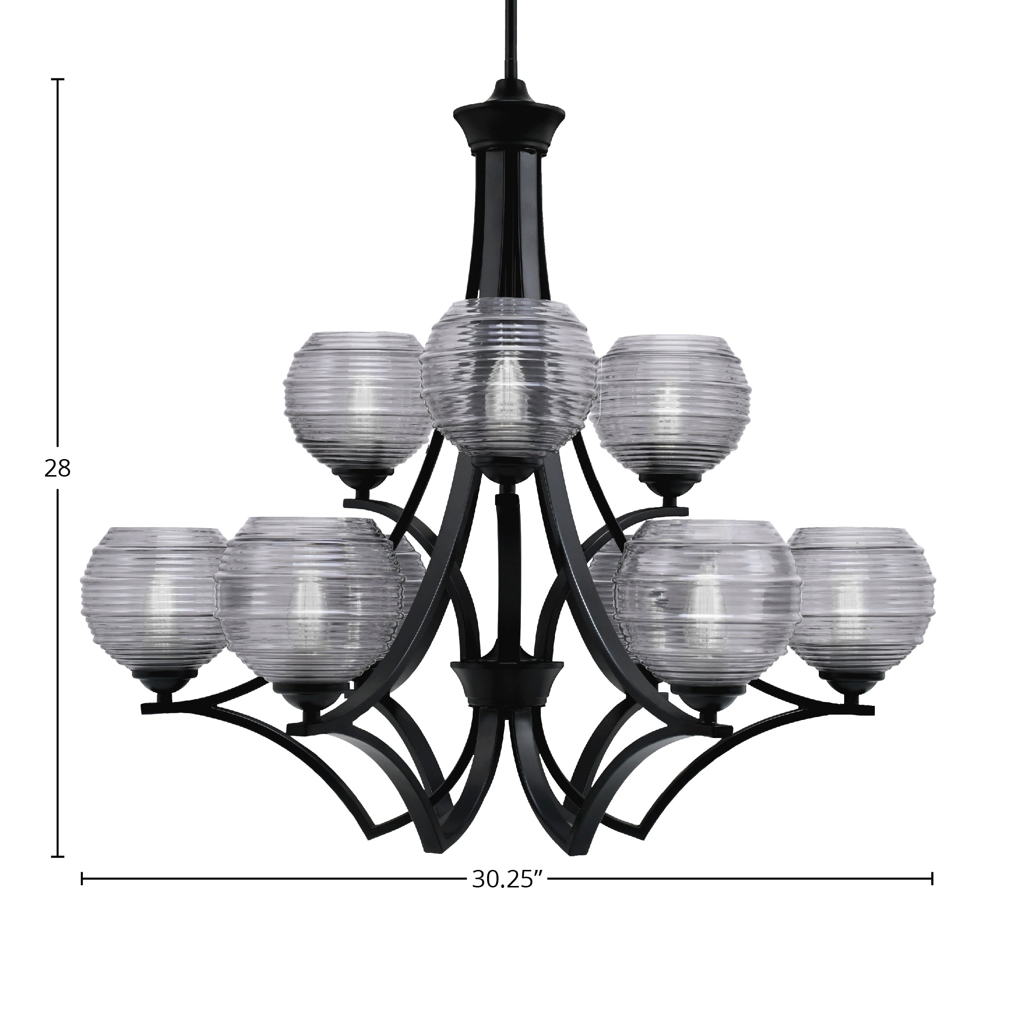 Zilo Nine Light Chandelier in Matte Black with 6" Smoke Ribbed Shade