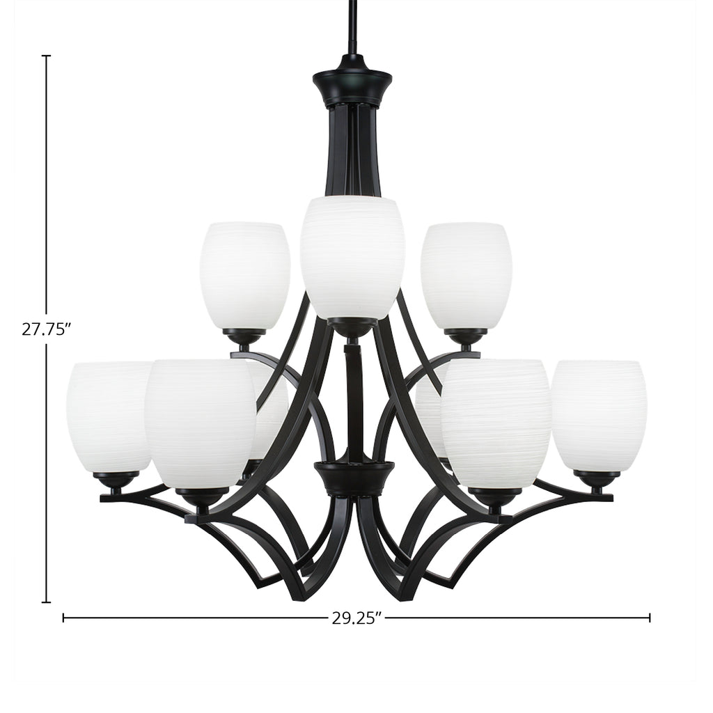 Zilo Nine Light Chandelier in Matte Black with 5" White Linen Shade