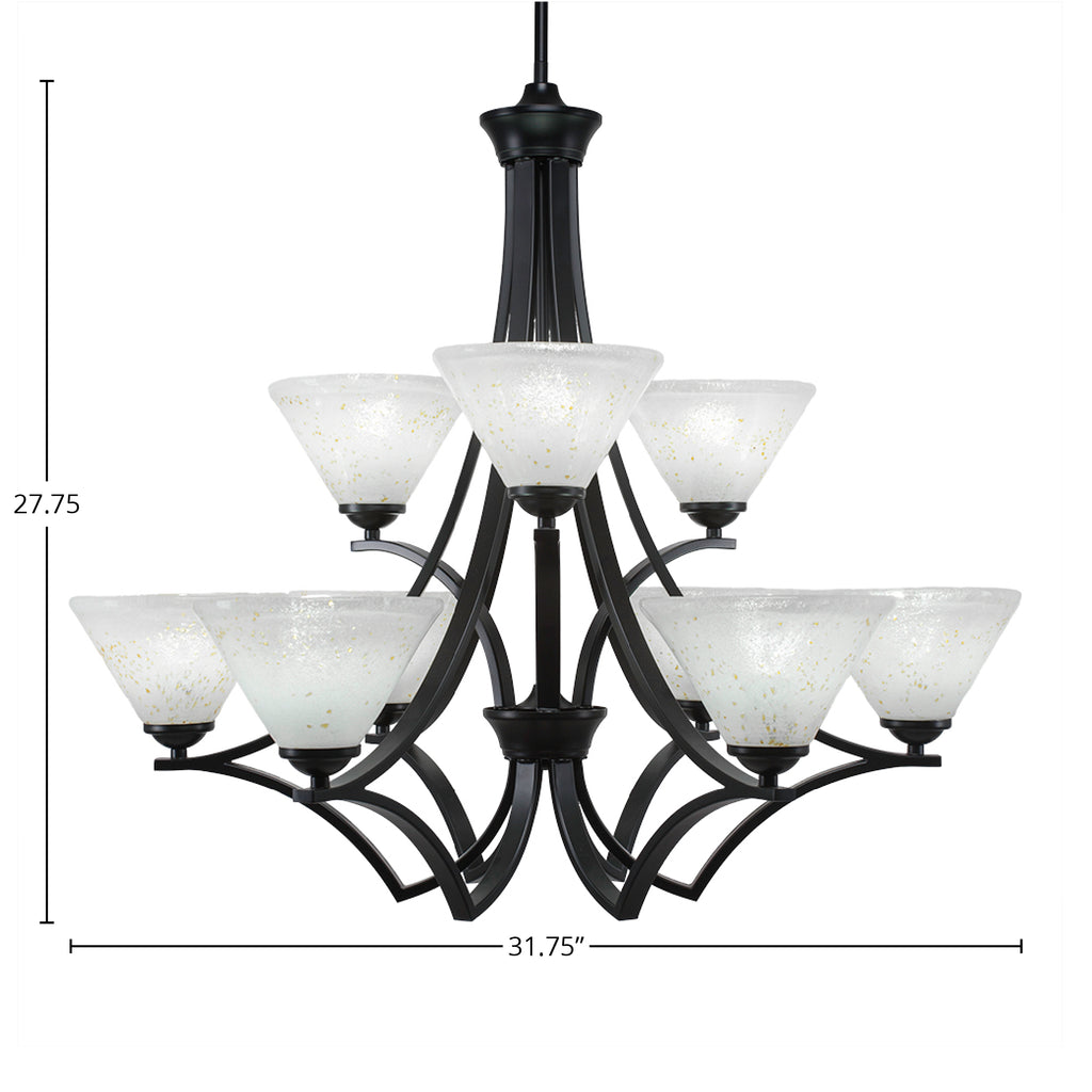 Zilo Nine Light Chandelier in Matte Black with 7" Gold Ice Shade