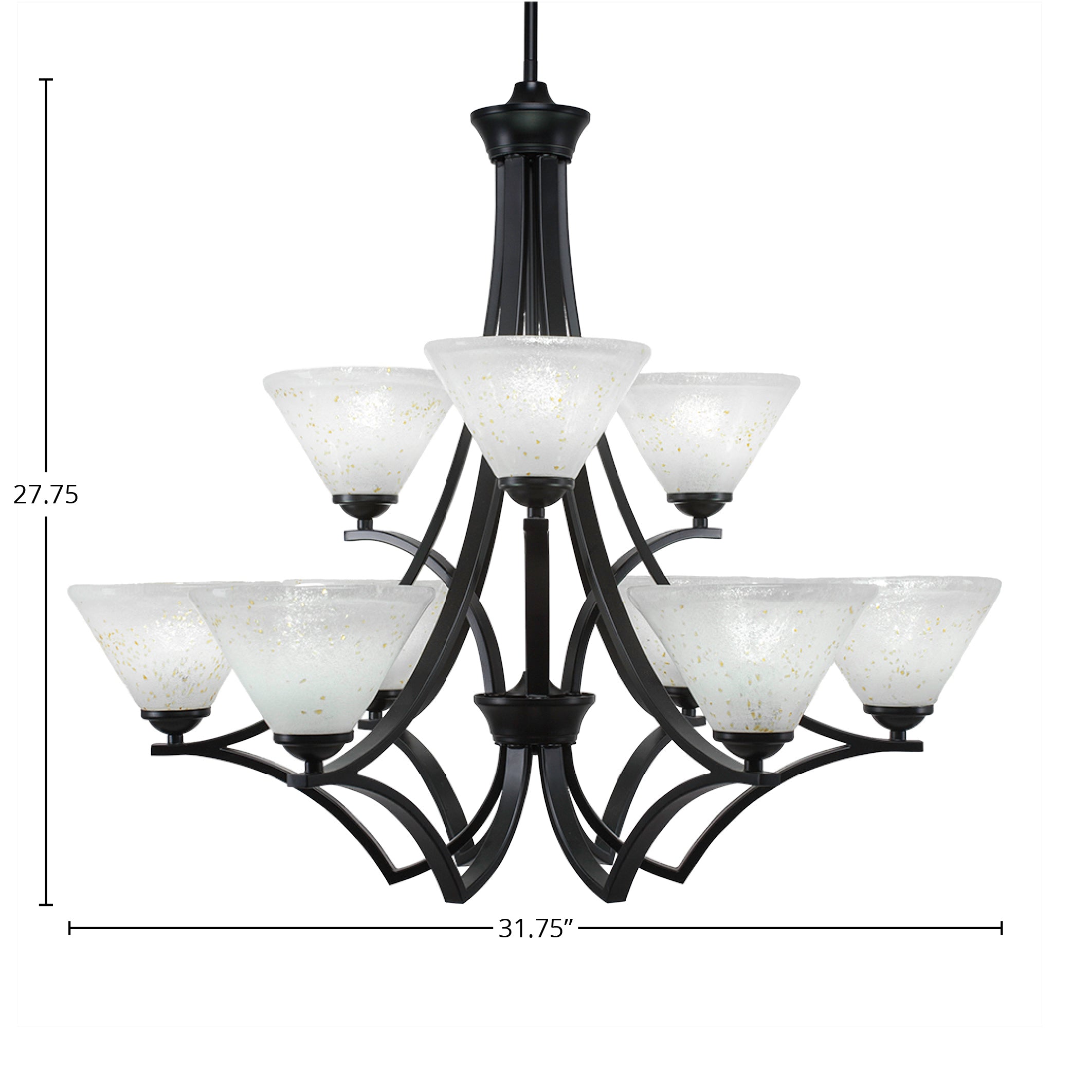 Zilo Nine Light Chandelier in Matte Black with 7" Gold Ice Shade