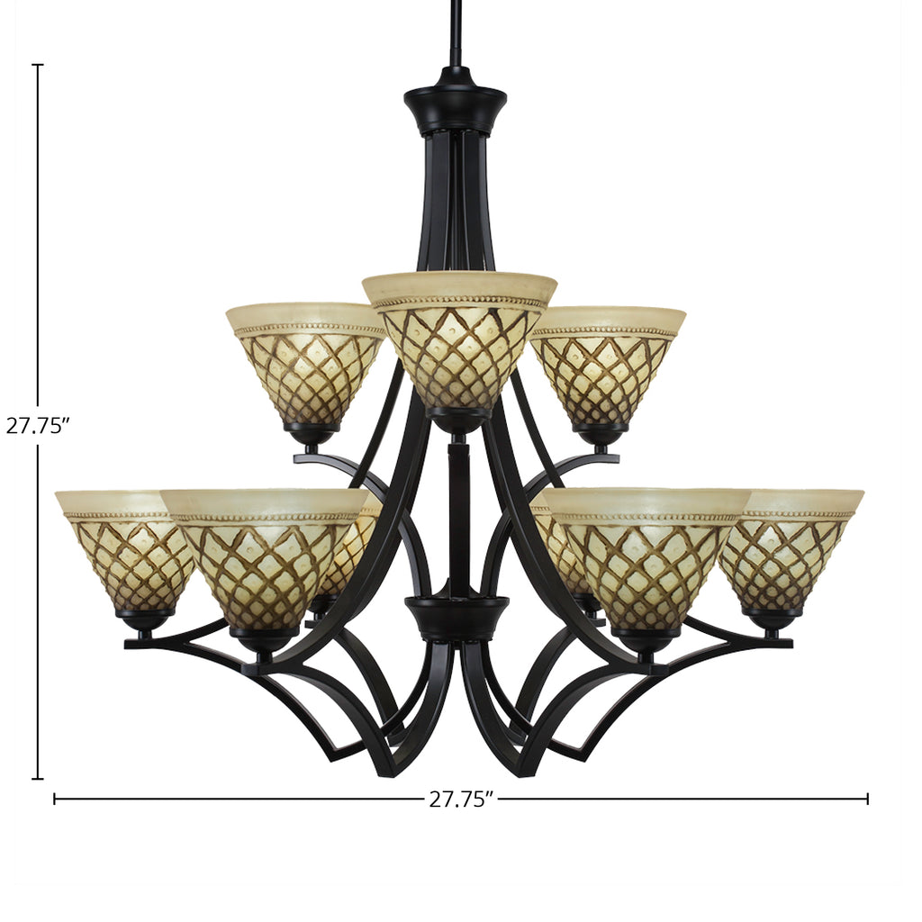 Zilo Nine Light Chandelier in Matte Black with 7" Chocolate Icing Shade