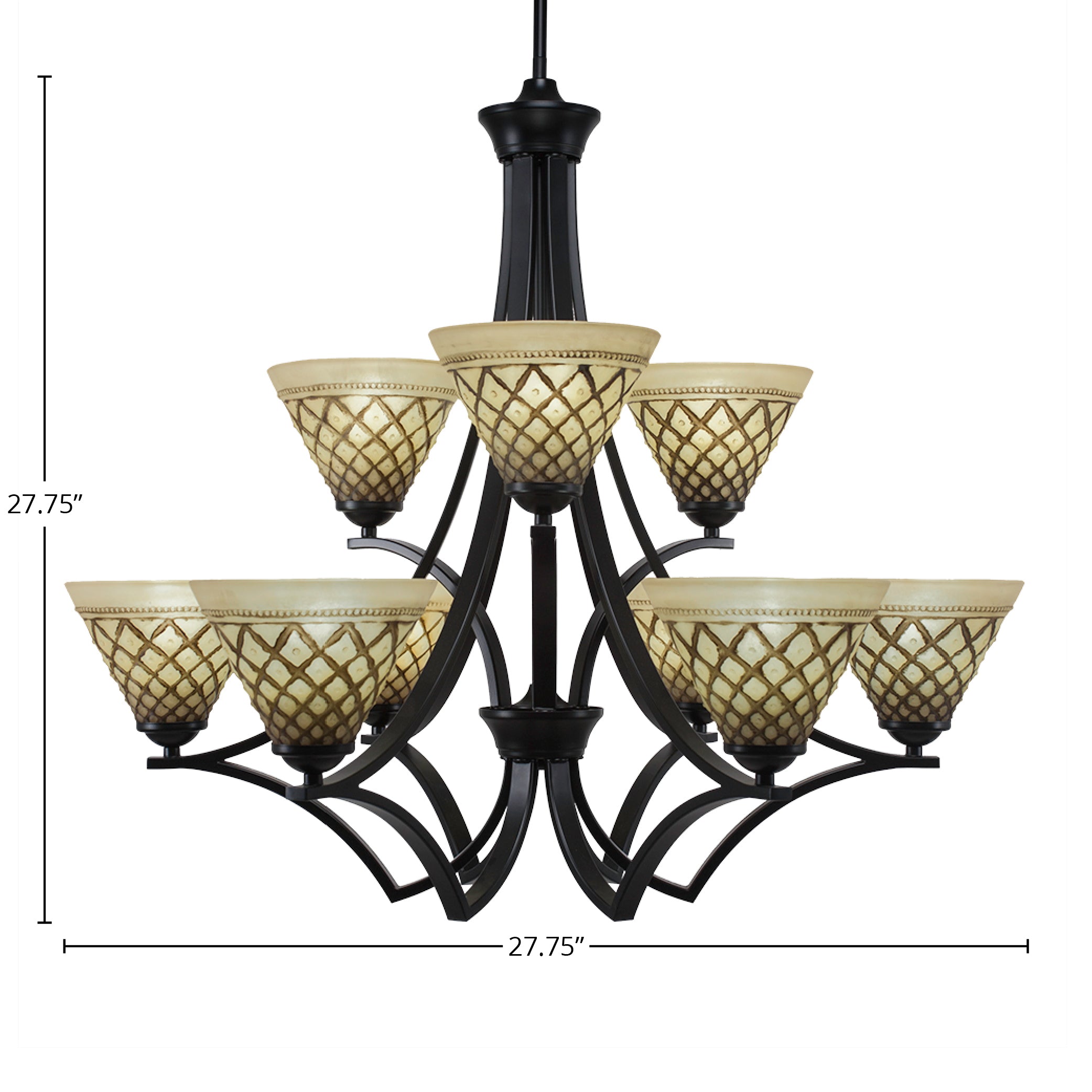 Zilo Nine Light Chandelier in Matte Black with 7" Chocolate Icing Shade