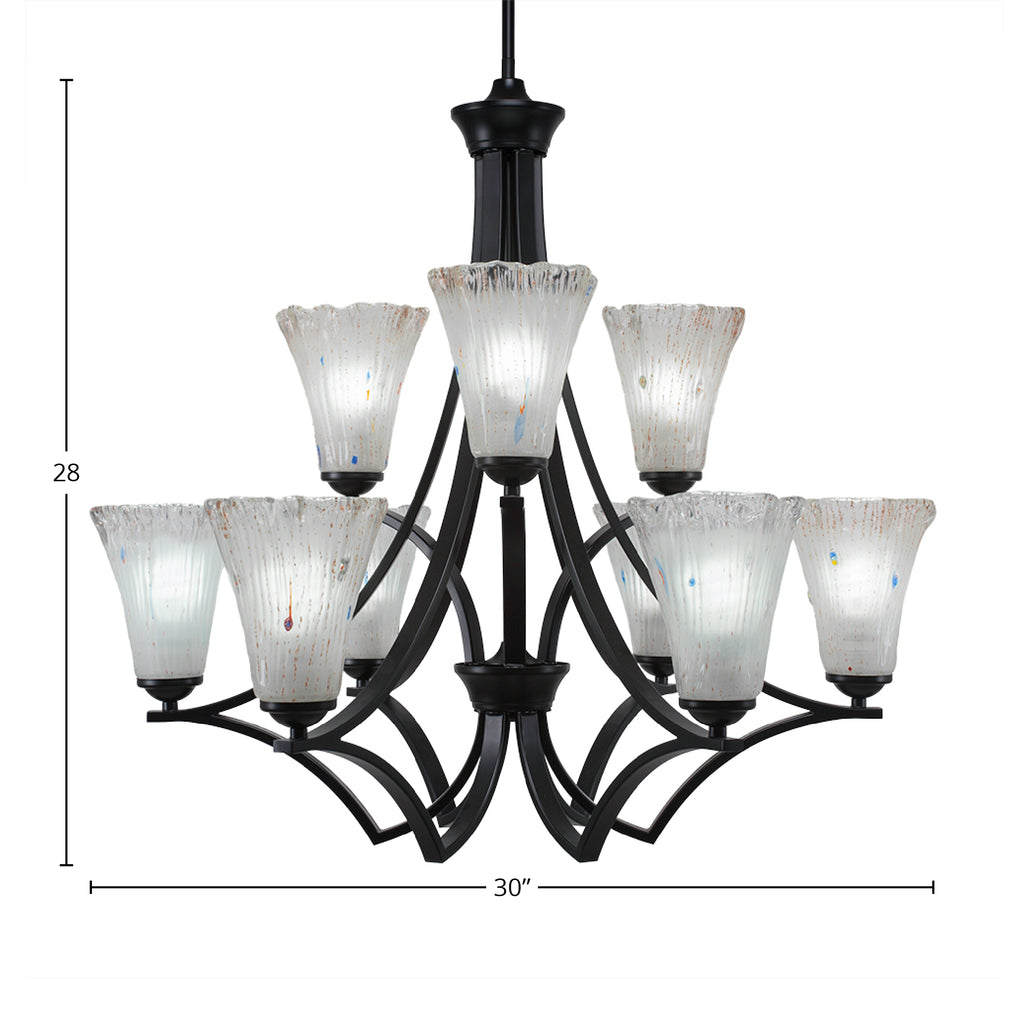 Zilo Nine Light Chandelier in Matte Black with 5.5" Fluted Frosted Crystal Shade
