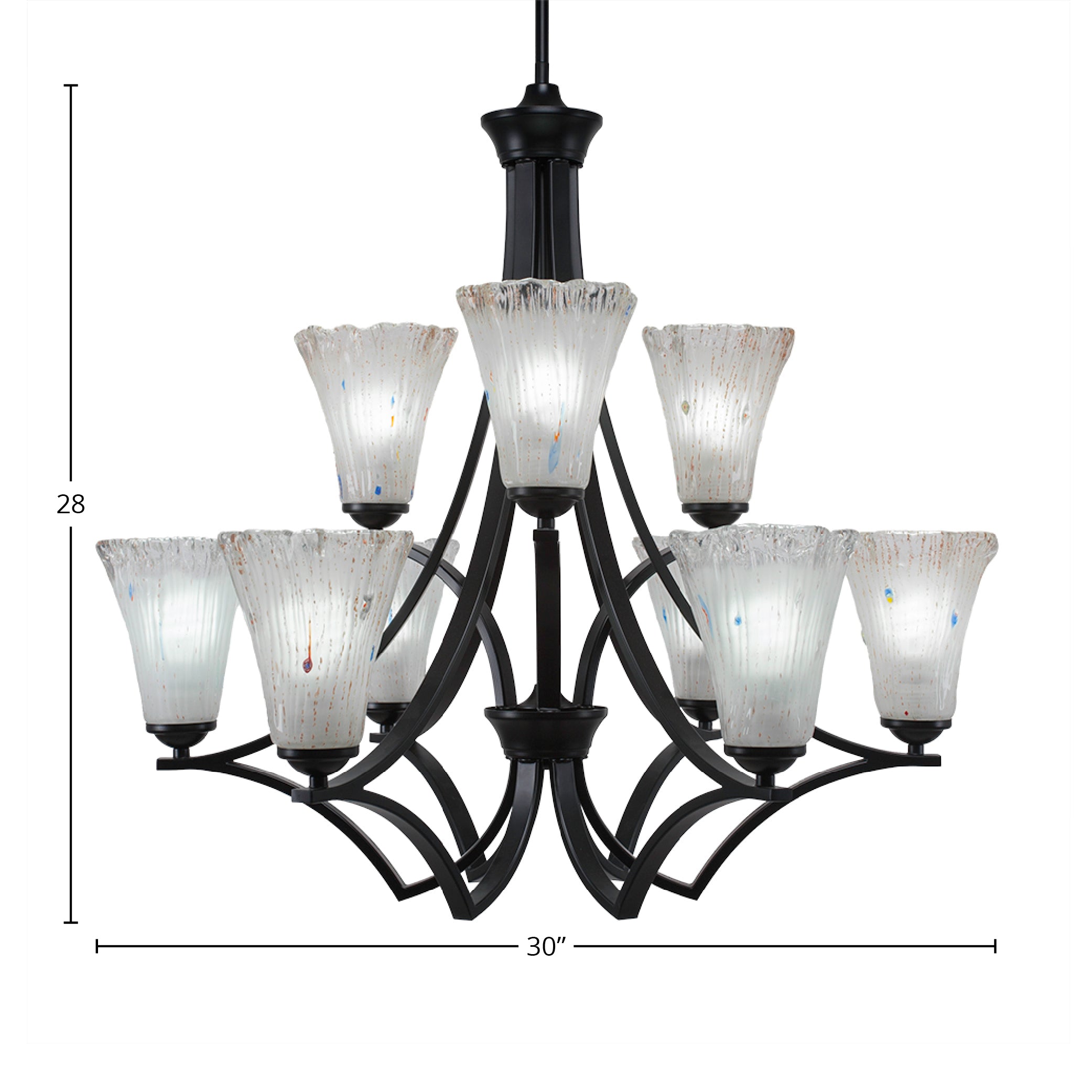Zilo Nine Light Chandelier in Matte Black with 5.5" Fluted Frosted Crystal Shade
