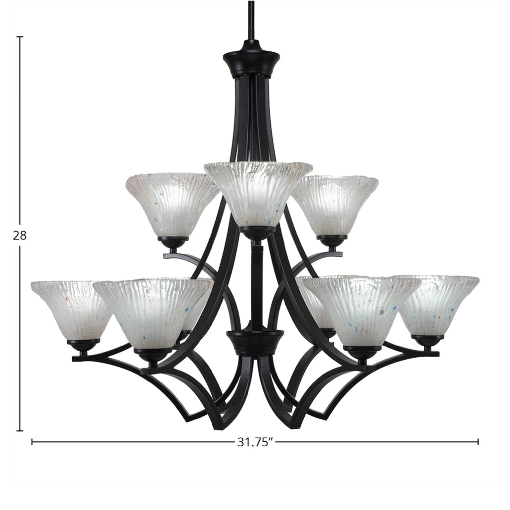 Zilo Nine Light Chandelier in Matte Black with 7" Frosted Crystal Shade