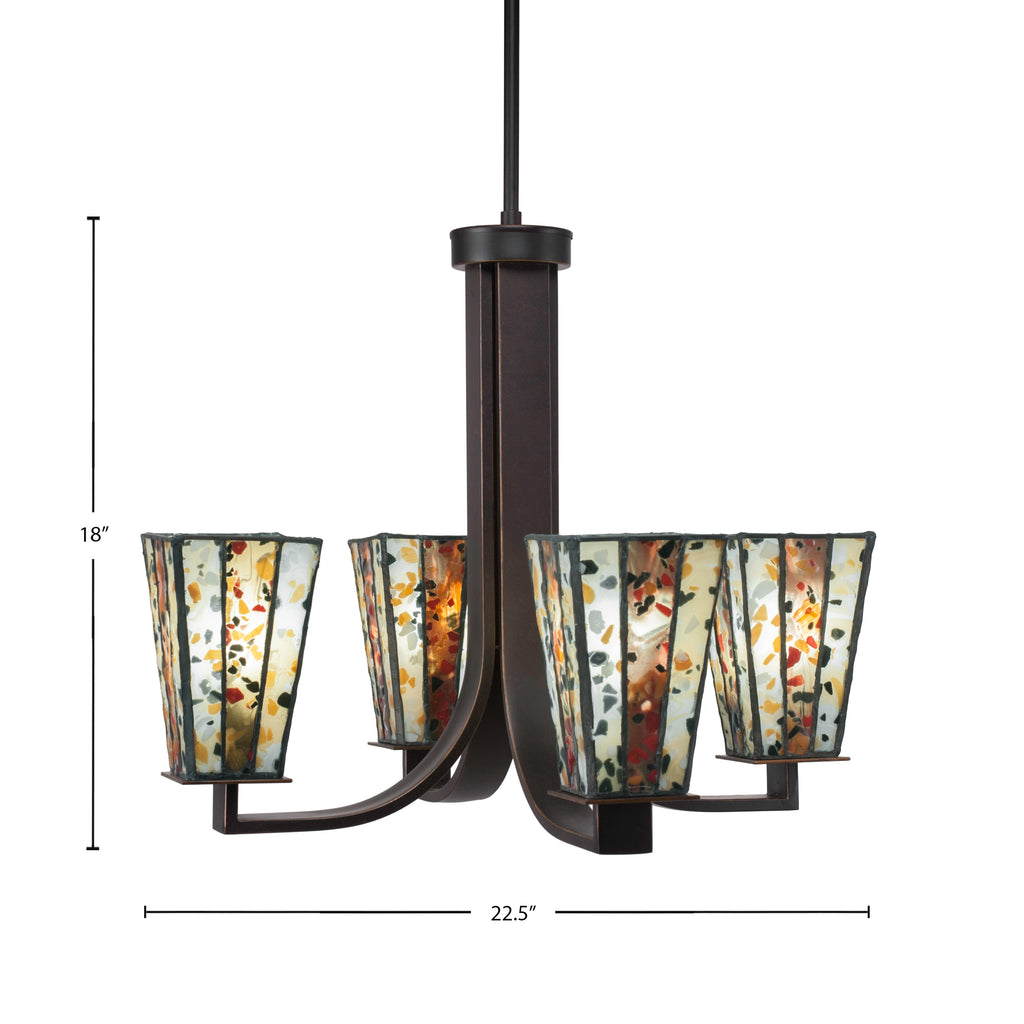 Apollo Four Light Chandelier in Dark Granite with 5" Square Fiesta Art Glass Shade